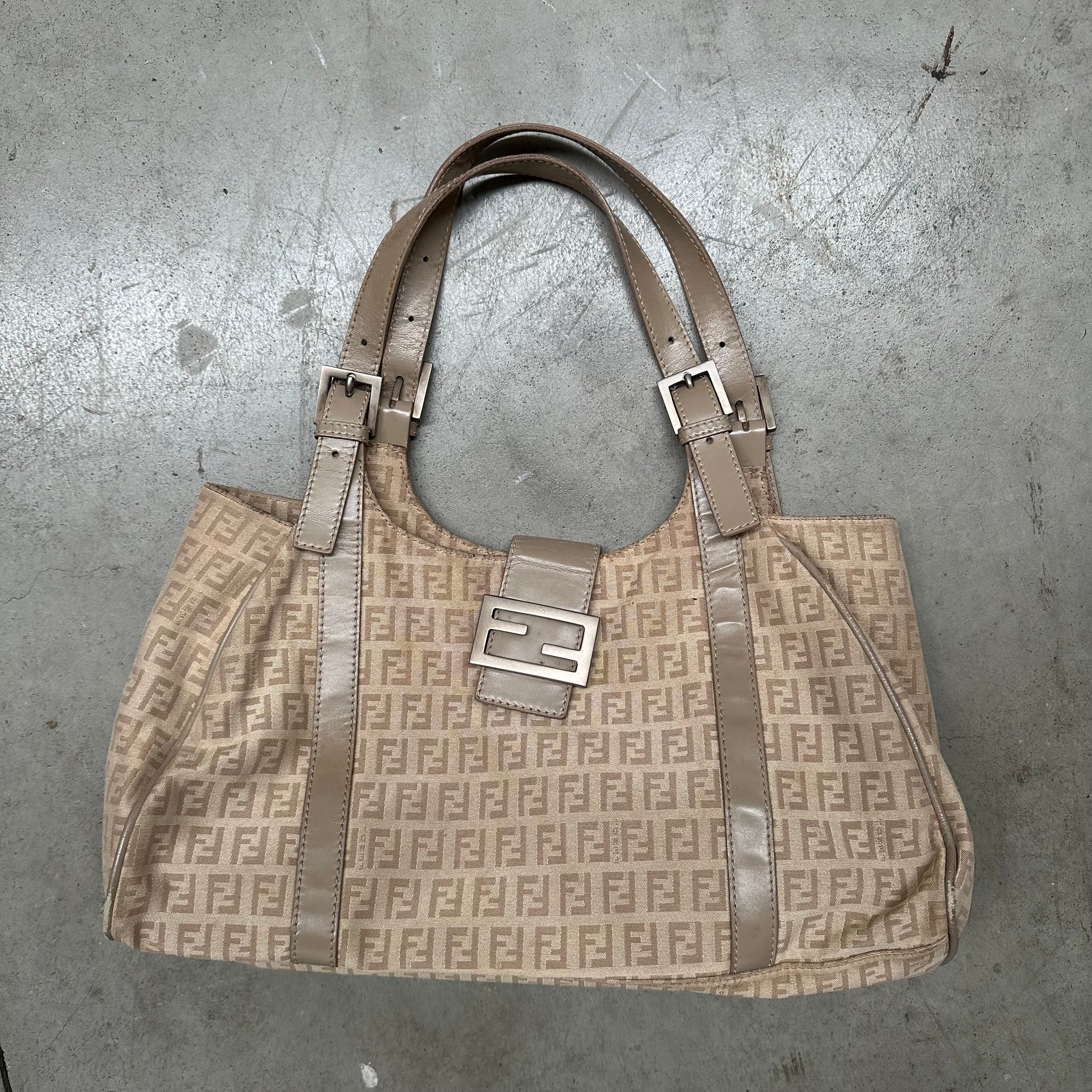 Fendi Zucchino Canvas Mamma Baguette Shoulder Bag Beige
