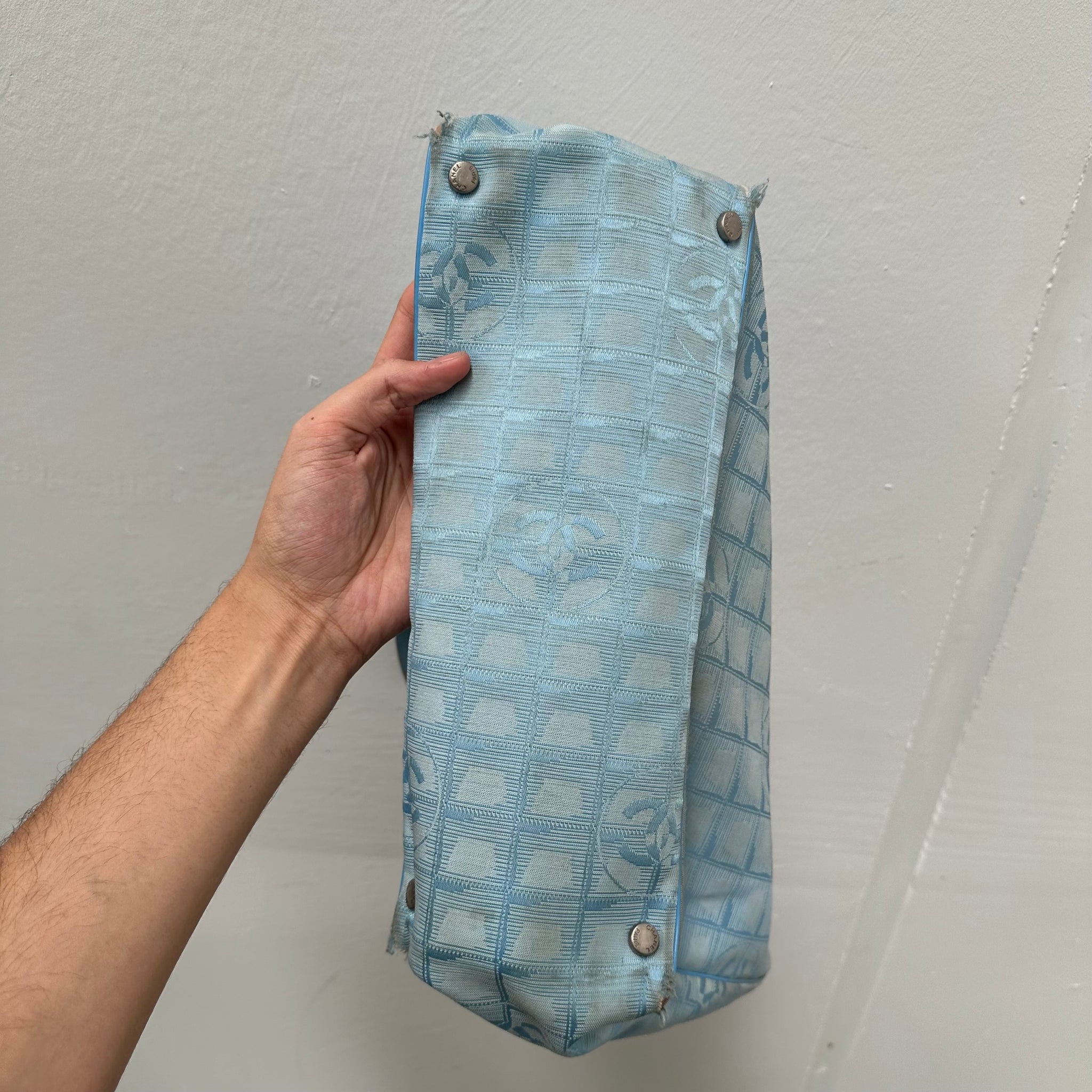 Chanel Travel Line Jacquard Nylon Tote Bag Light Blue