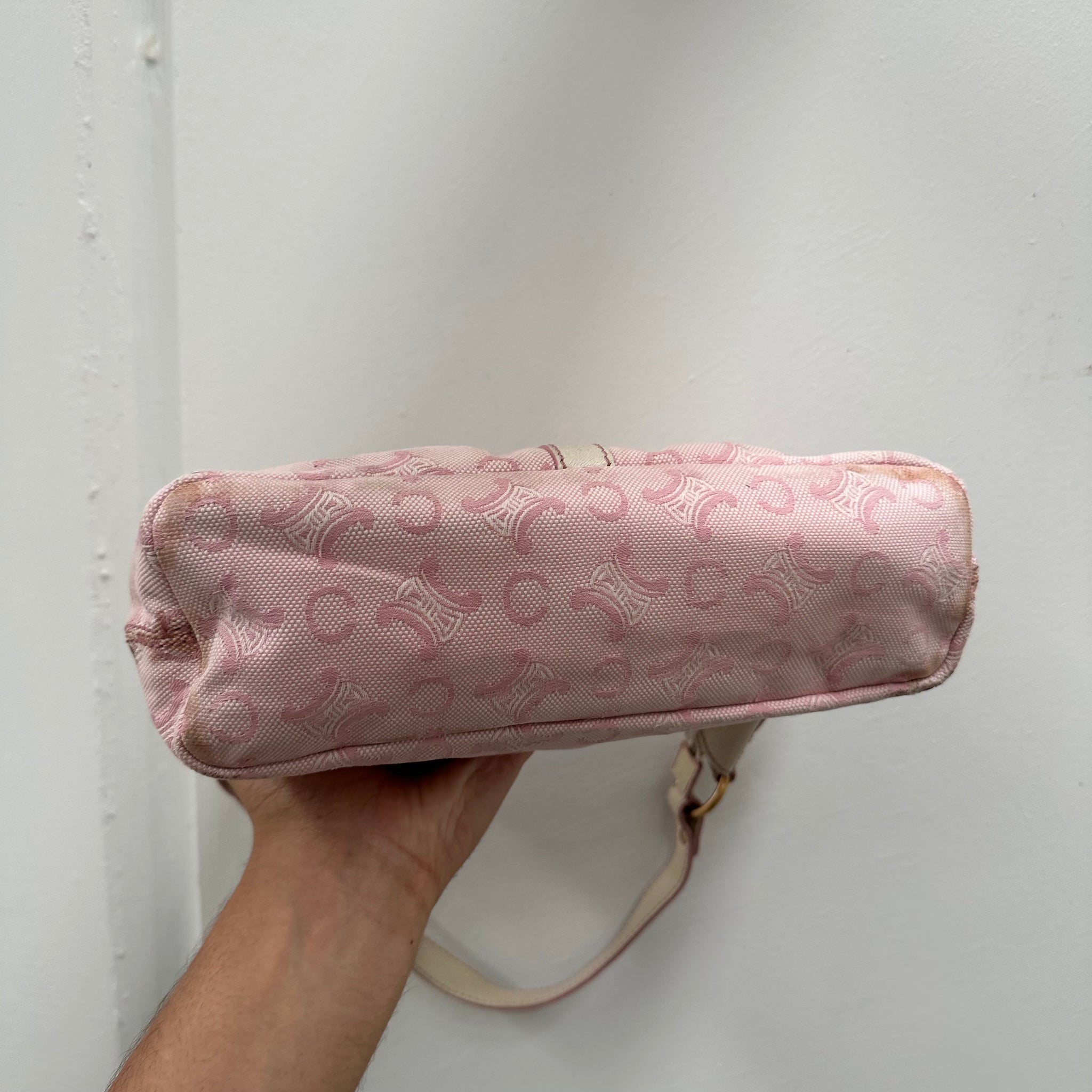 Celine Pink/White Macadam Canvas Hobo Shoulder Bag