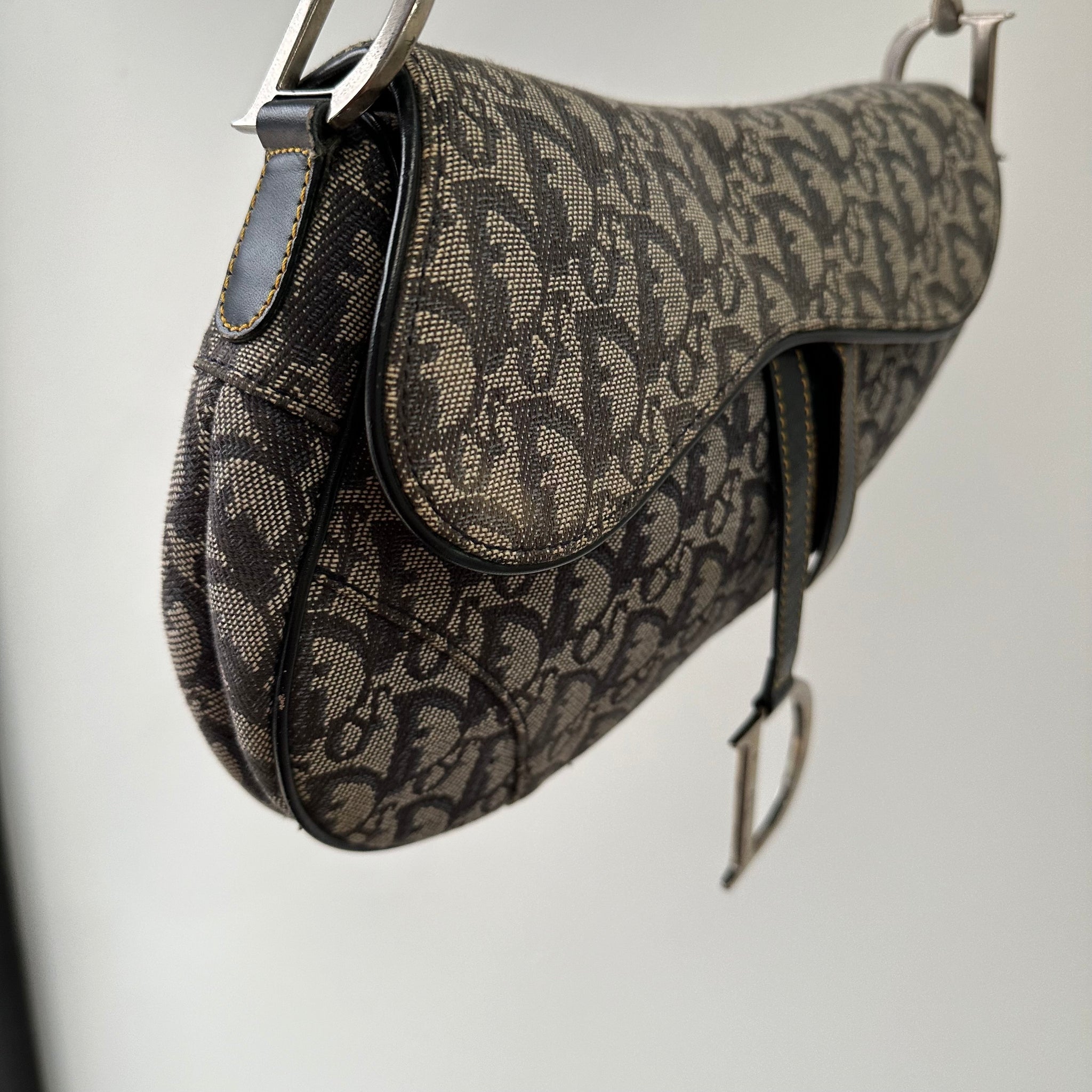 Dior Trotter Saddle Shoulder Bag Canvas Leather Navy Silver Hardware (2003)