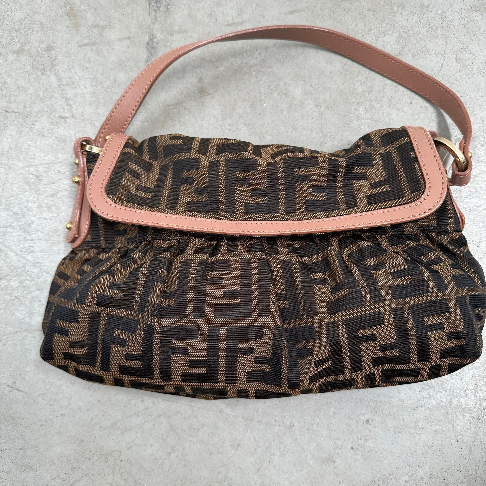 Fendi Zucca Print Canvas Leather Shoulder Bag Brown Pink