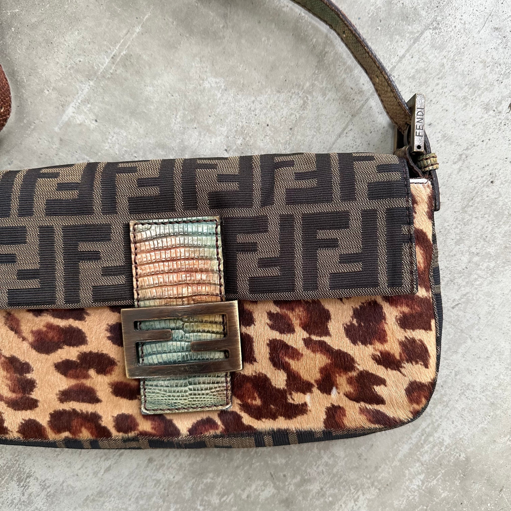 Fendi Leopard Zucca Baguette with Exotic Lizard Detailing