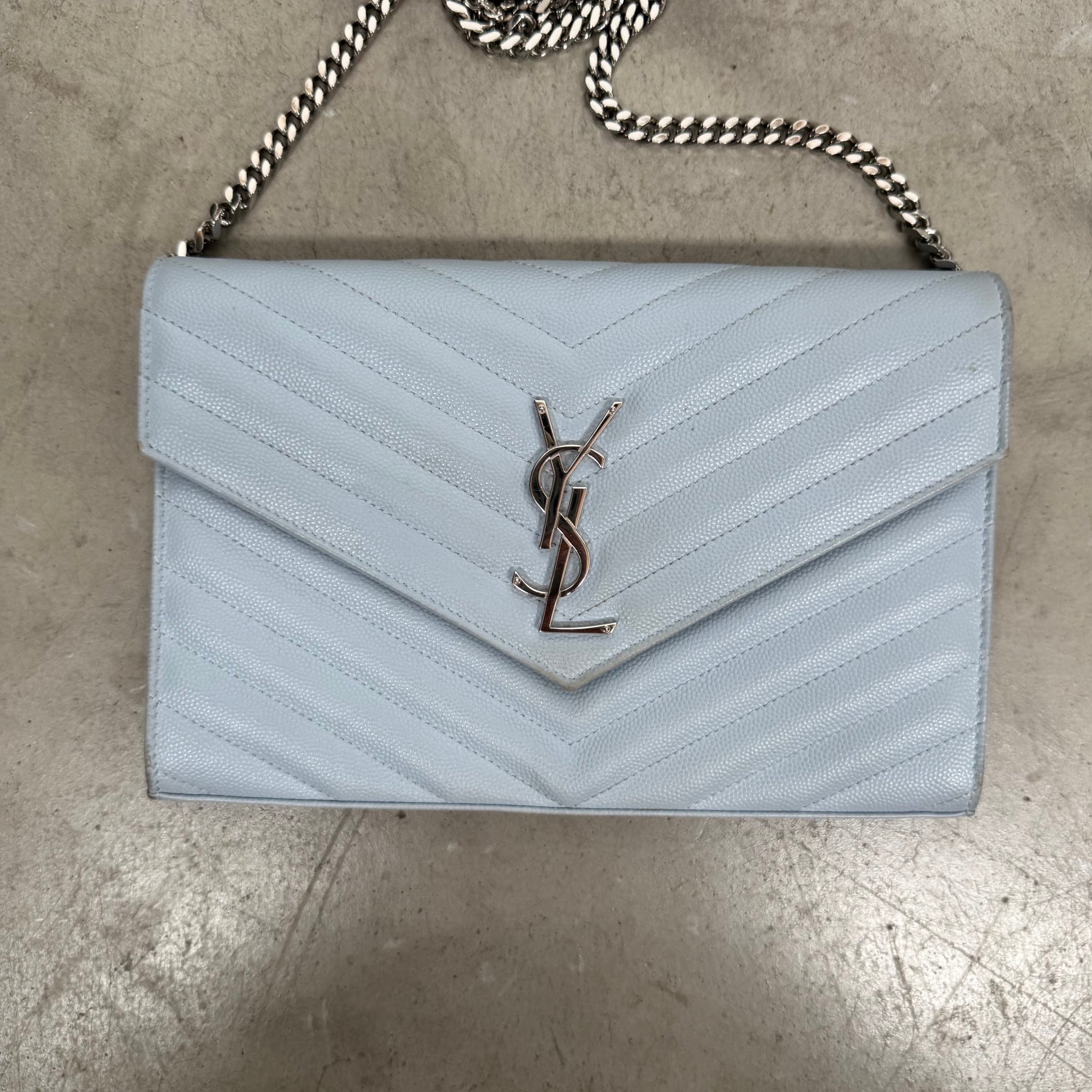 Saint Laurent Grain De Poudre Matelasse Chevron Monogram Chain Wallet