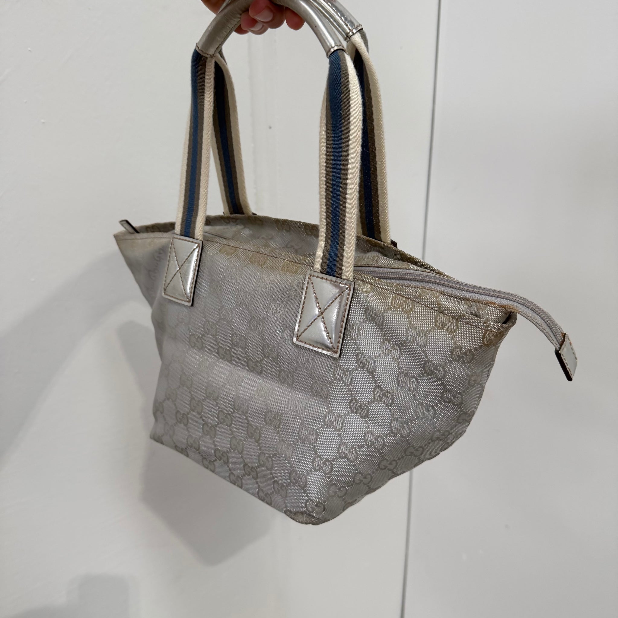 Gucci Bucket Hand Bag Silver Canvas