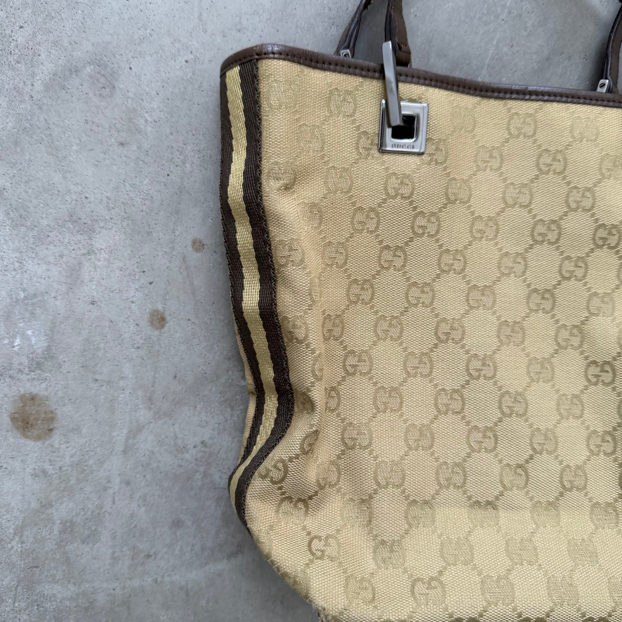 Gucci Side Stripe Metal Square Tote Bag Beige Canvas