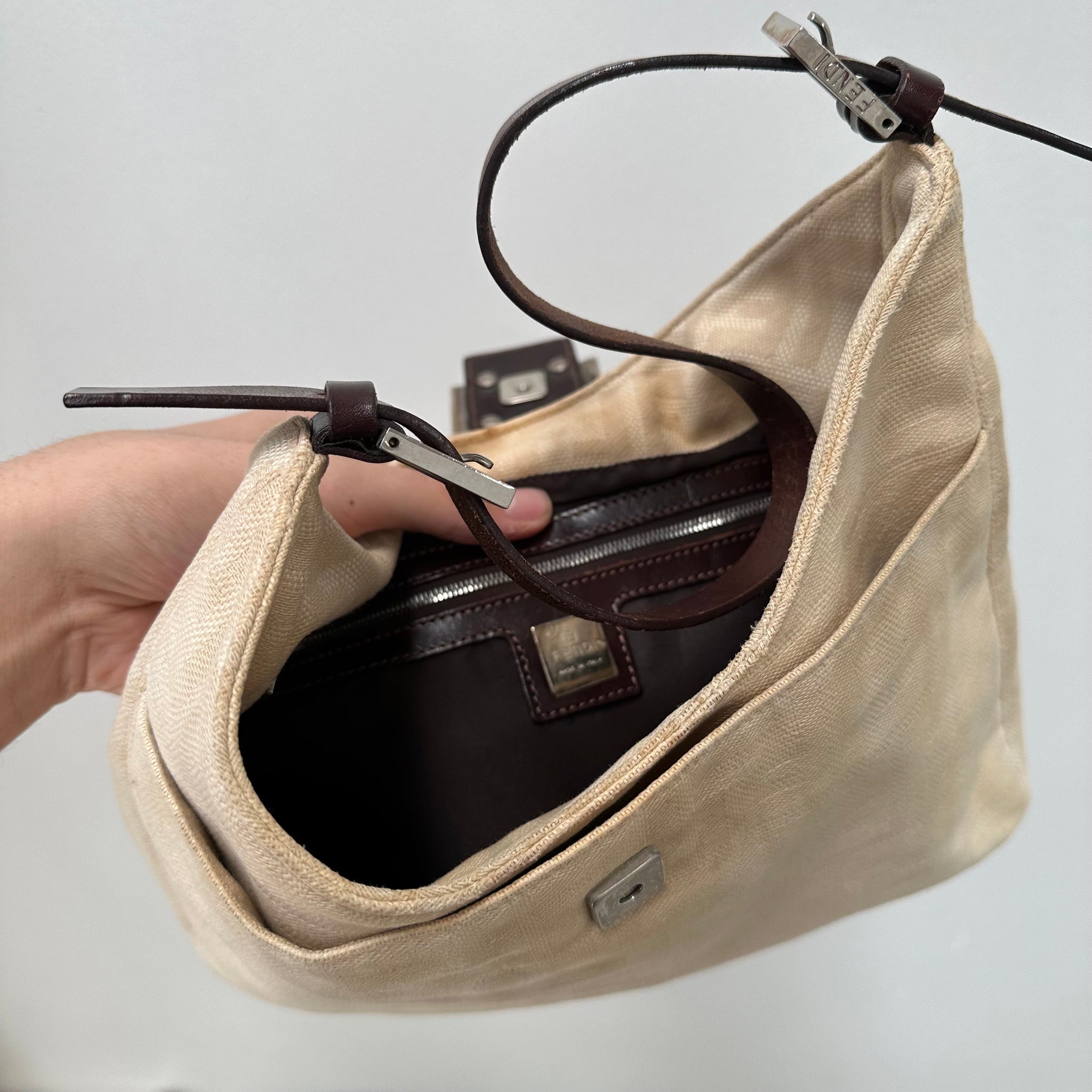 Fendi Zucca Canvas Mamma Baguette Shoulder Bag Cream