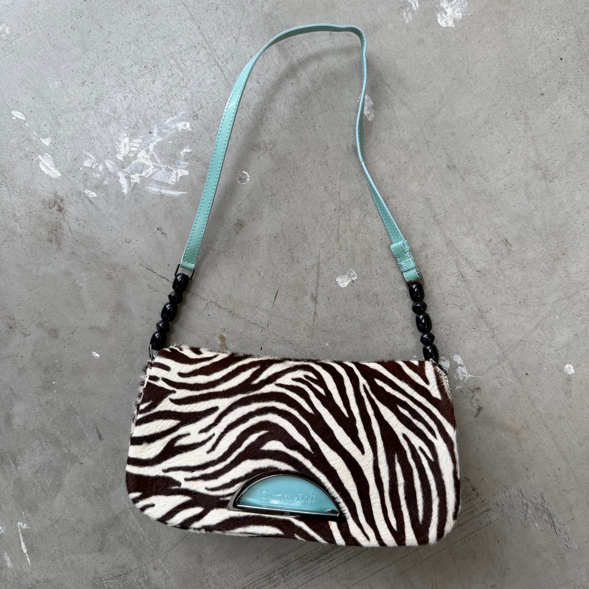 Dior Mint Green Zebra Print Pony Hair and Patent Leather Malice Shoulder Bag