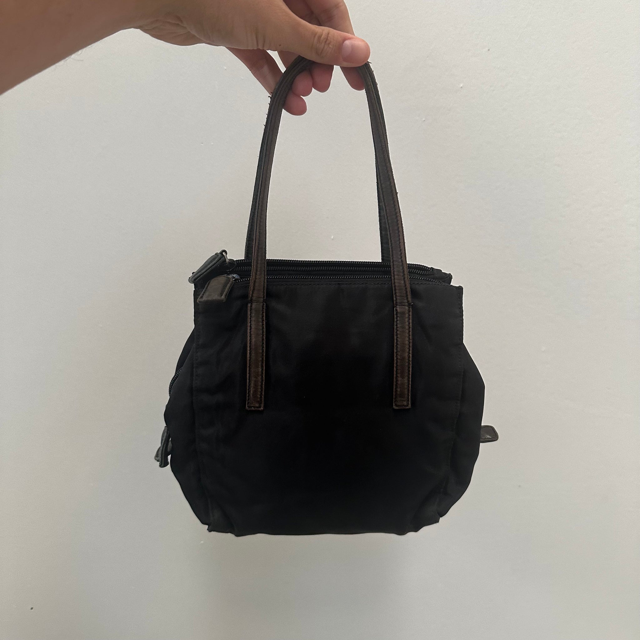 Prada Nylon Black Multi Pocket Leather Handle Hand Bag