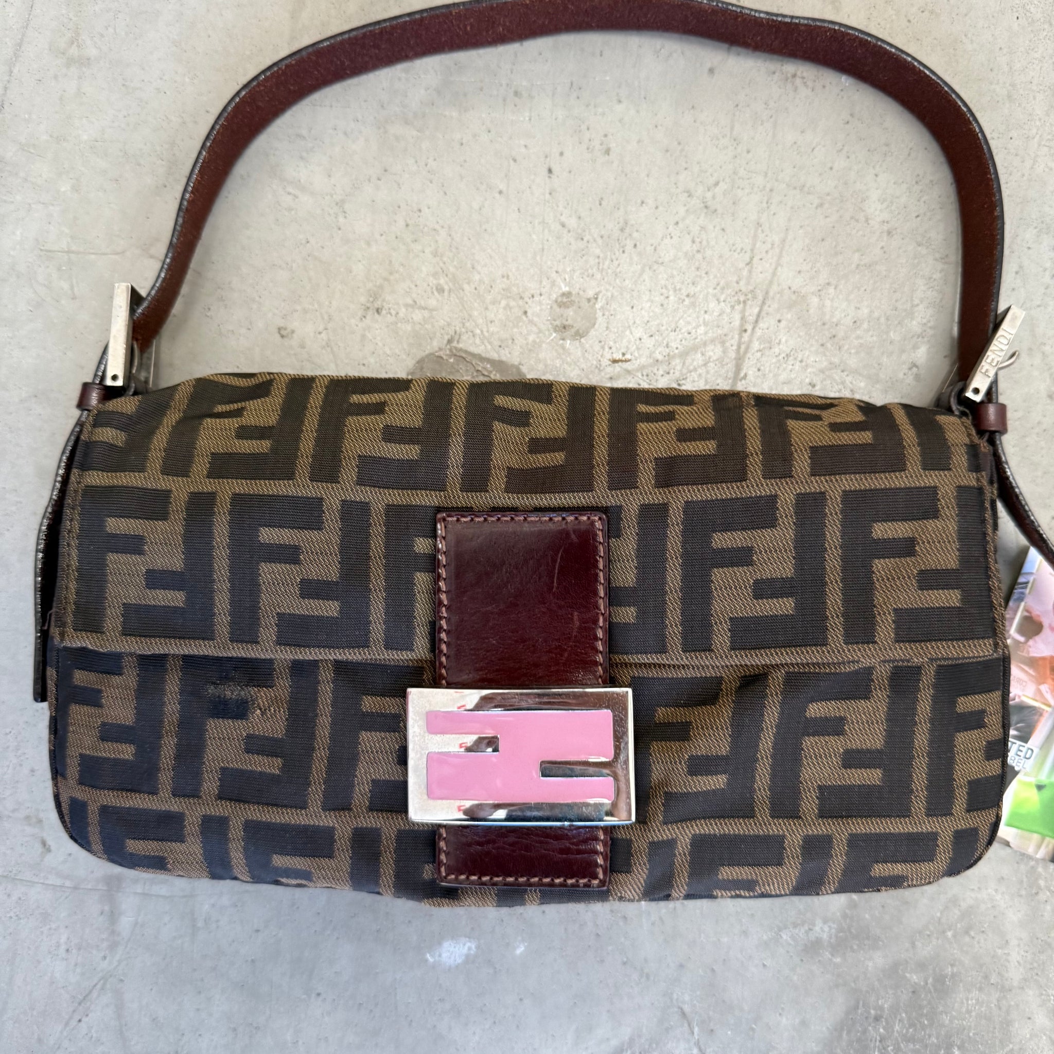 Fendi Zucca Print Baguette Bag with Pink Buckle
