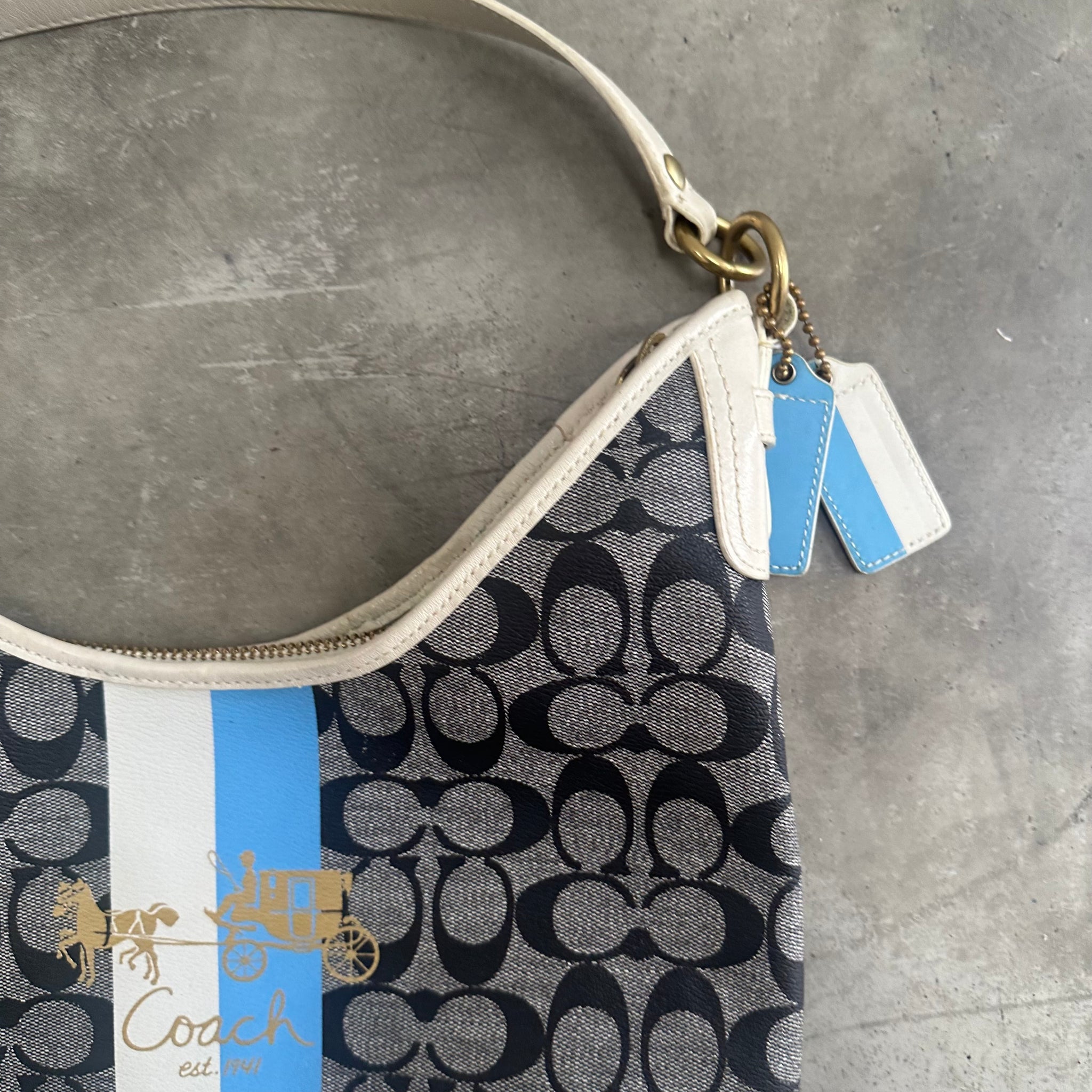 Coach Hobo Stripe Shoulder Bag Grey/White/Blue