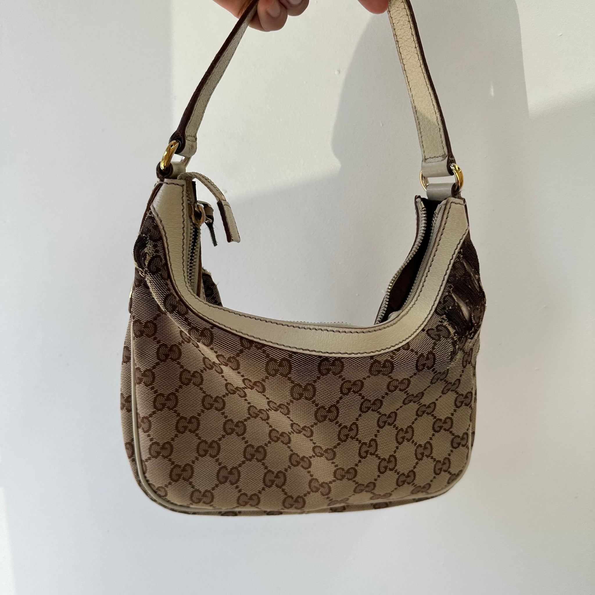 Gucci Canvas Logo Print Shoulder Bag Beige