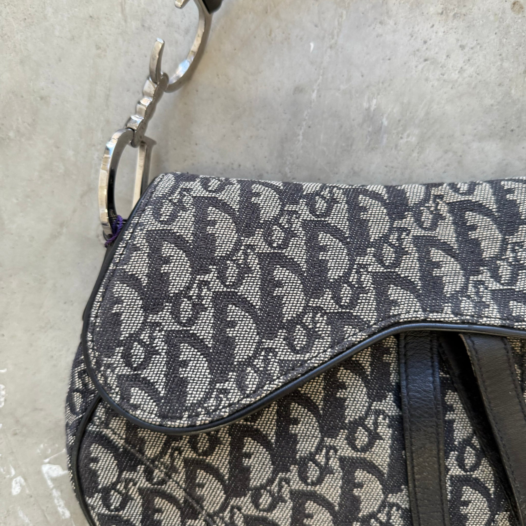Dior Trotter Saddle Shoulder Bag Canvas Leather Navy Silver Hardware (2005)