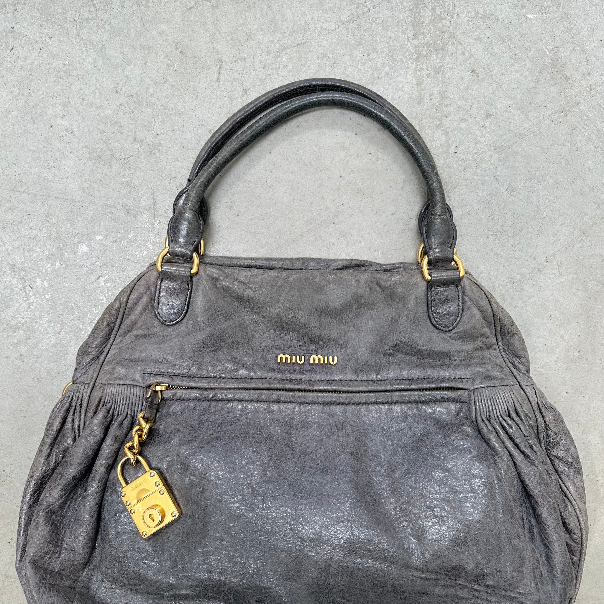 Miu Miu Padlock Charm Grey Leather Shoulder Bag