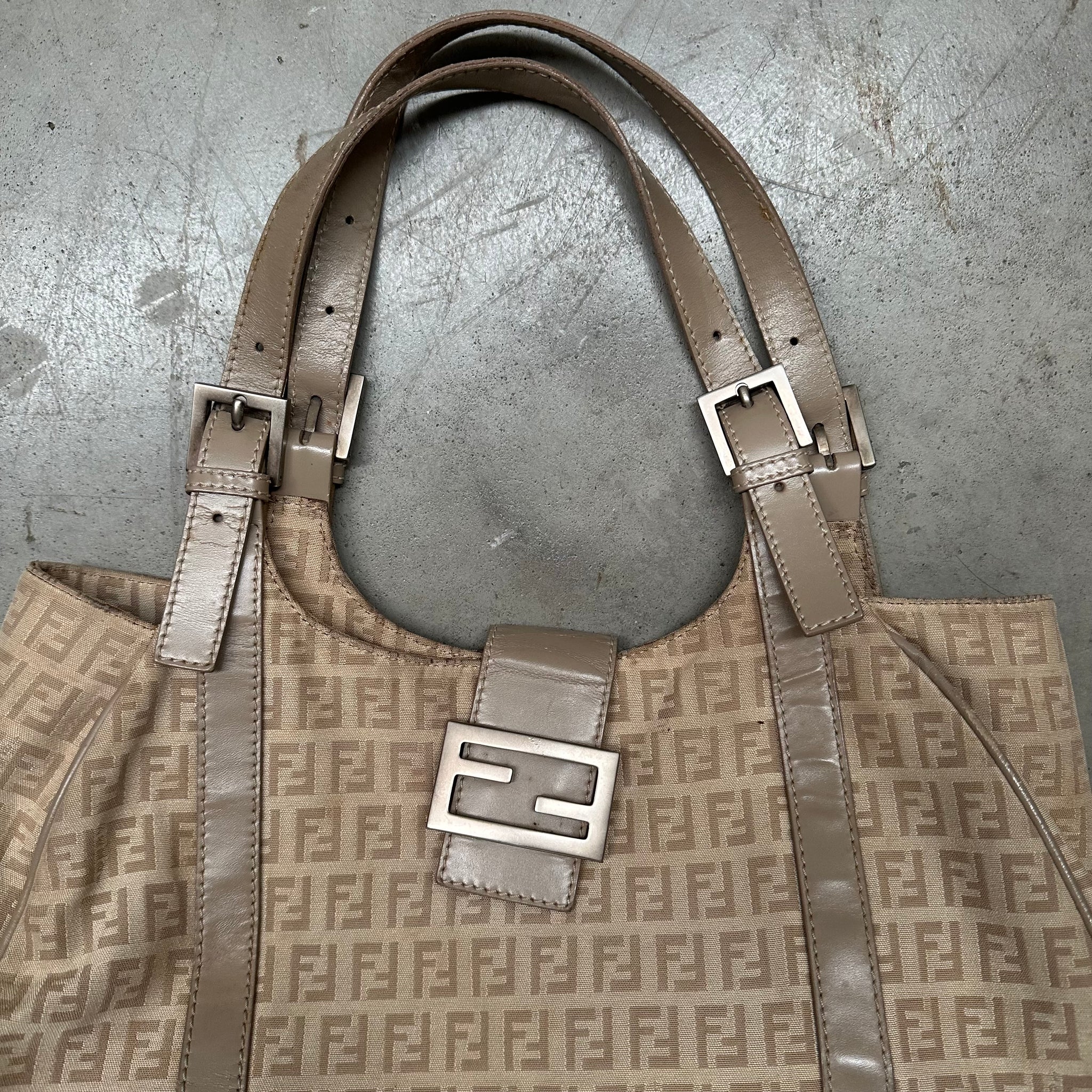 Fendi Zucchino Canvas Mamma Baguette Shoulder Bag Beige