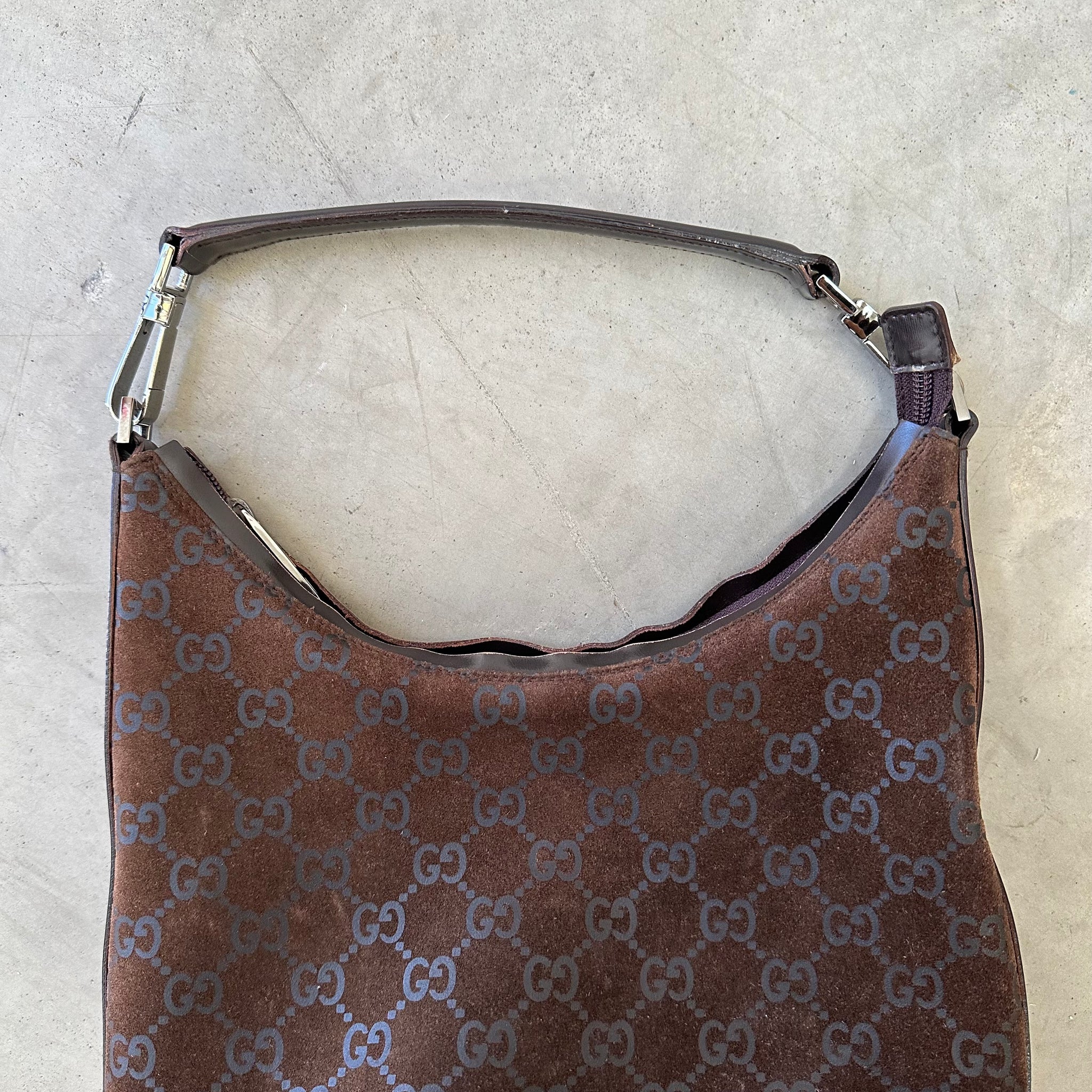 Gucci GG Shoulder Bag Suede Canvas Brown