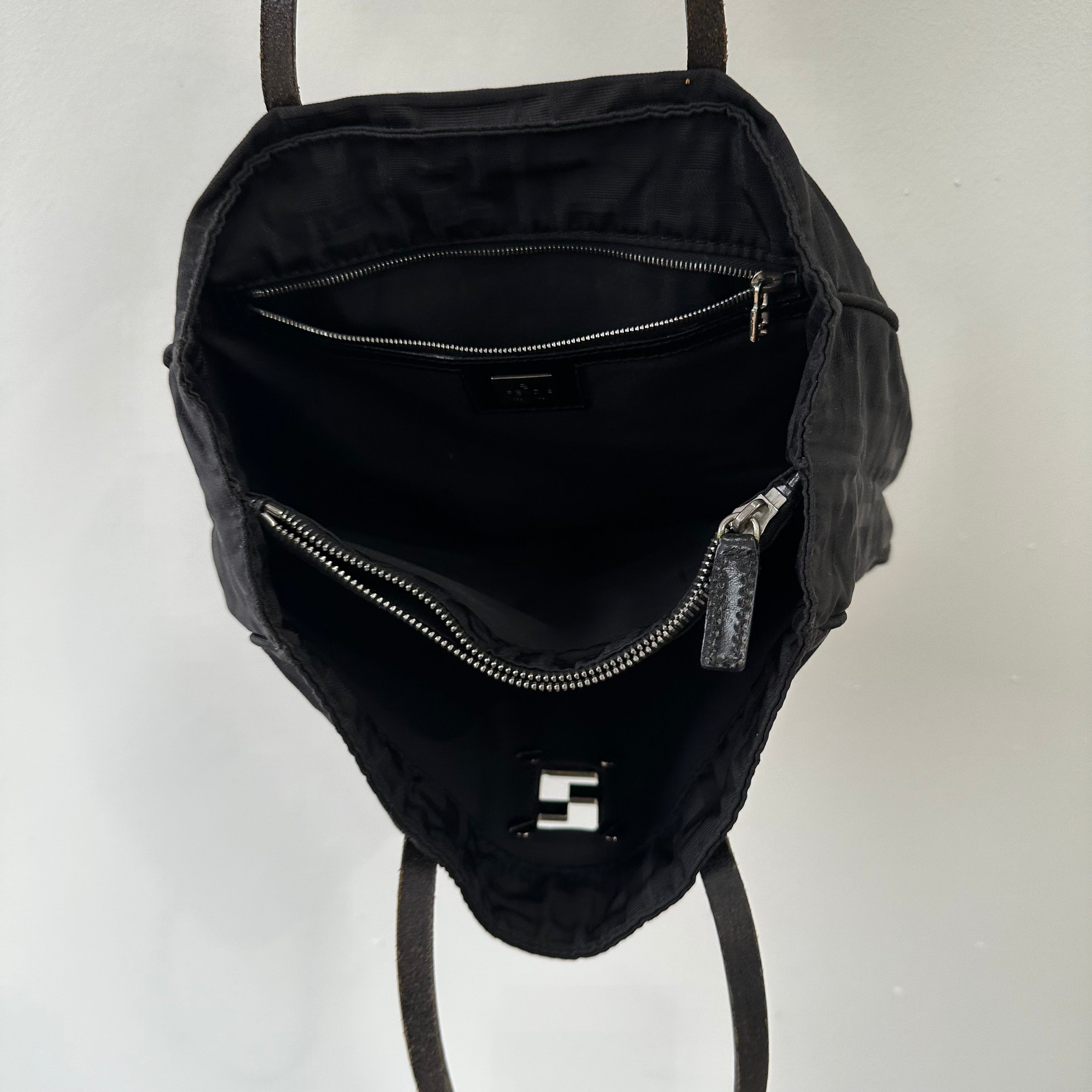 Fendi Silver Logo Mini Zucca Nylon Black Tote Bag