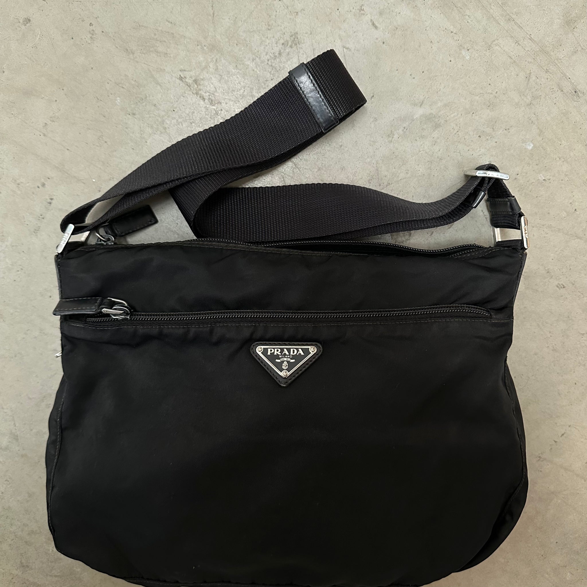 Prada Large Double Zip Black Nylon Crossbody Bag