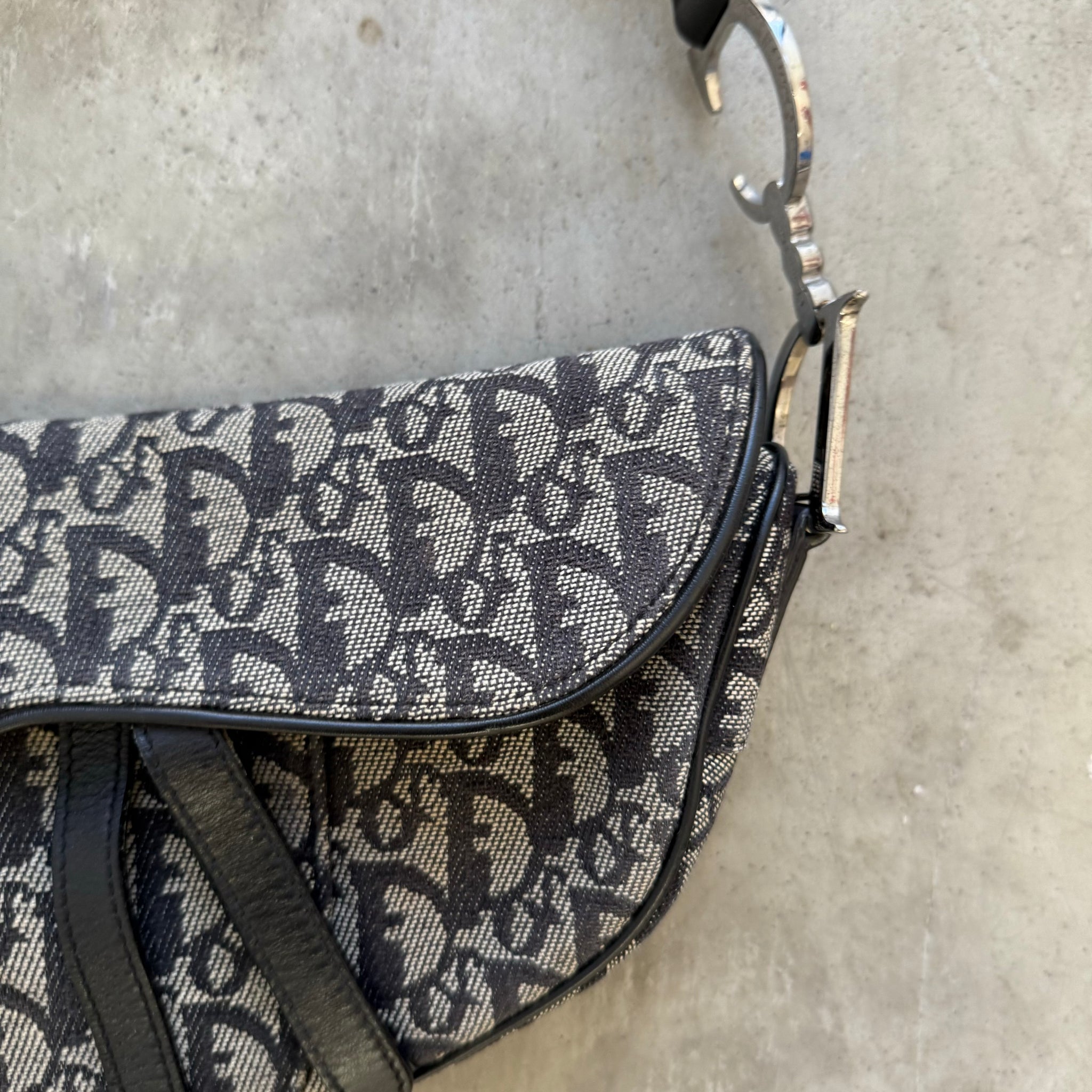 Dior Trotter Saddle Shoulder Bag Canvas Leather Navy Silver Hardware (2005)