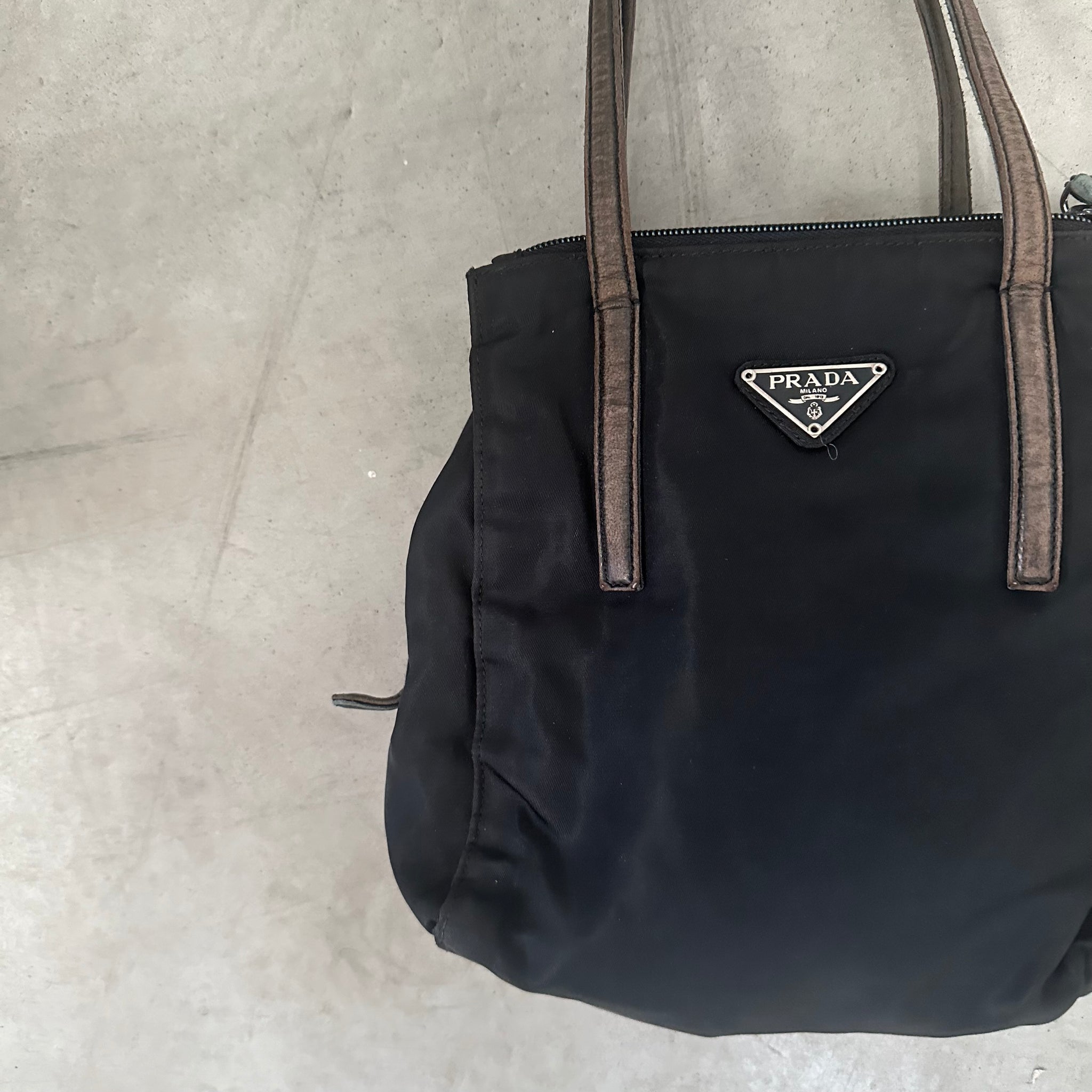 Prada Nylon Black Multi Pocket Leather Handle Hand Bag
