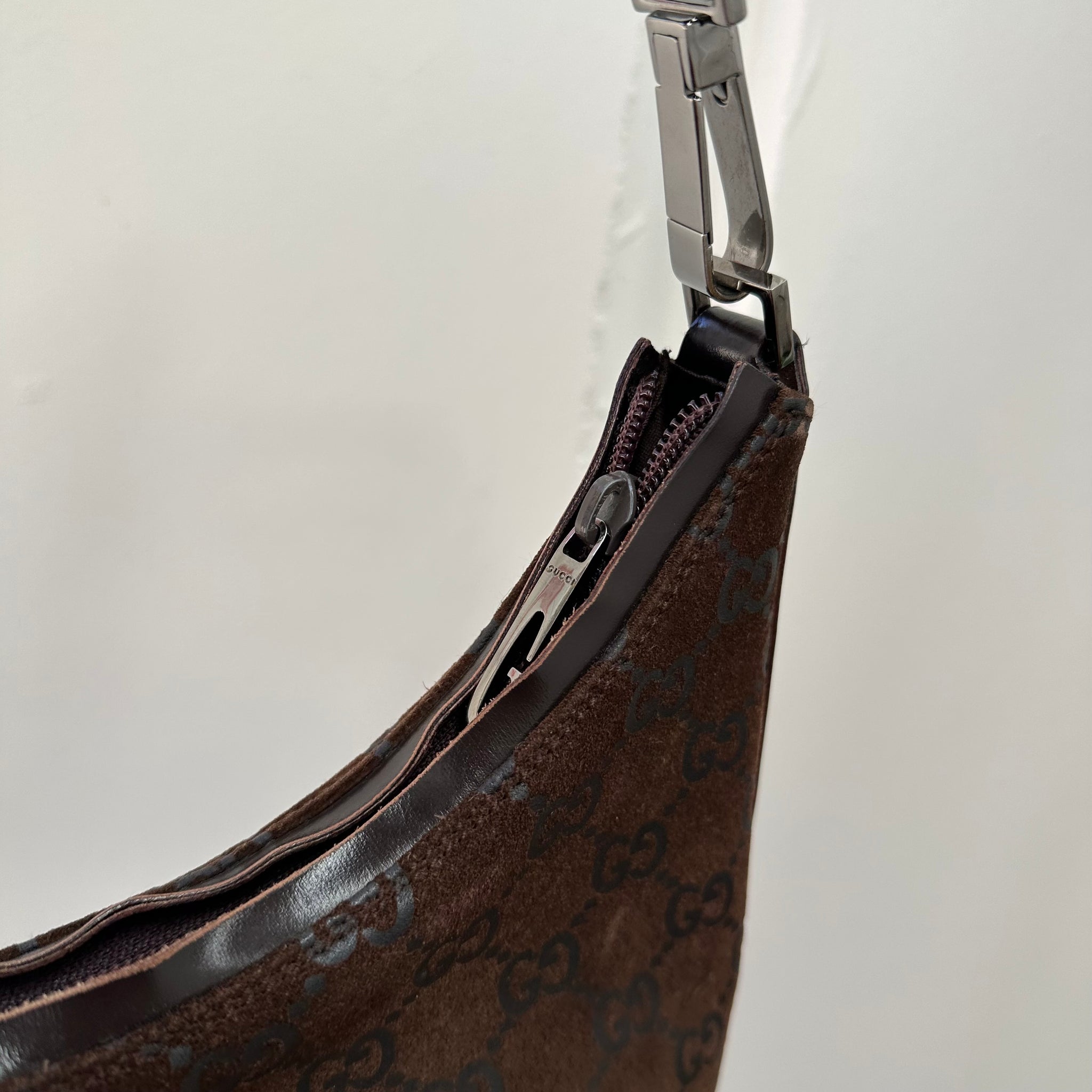 Gucci GG Shoulder Bag Suede Canvas Brown