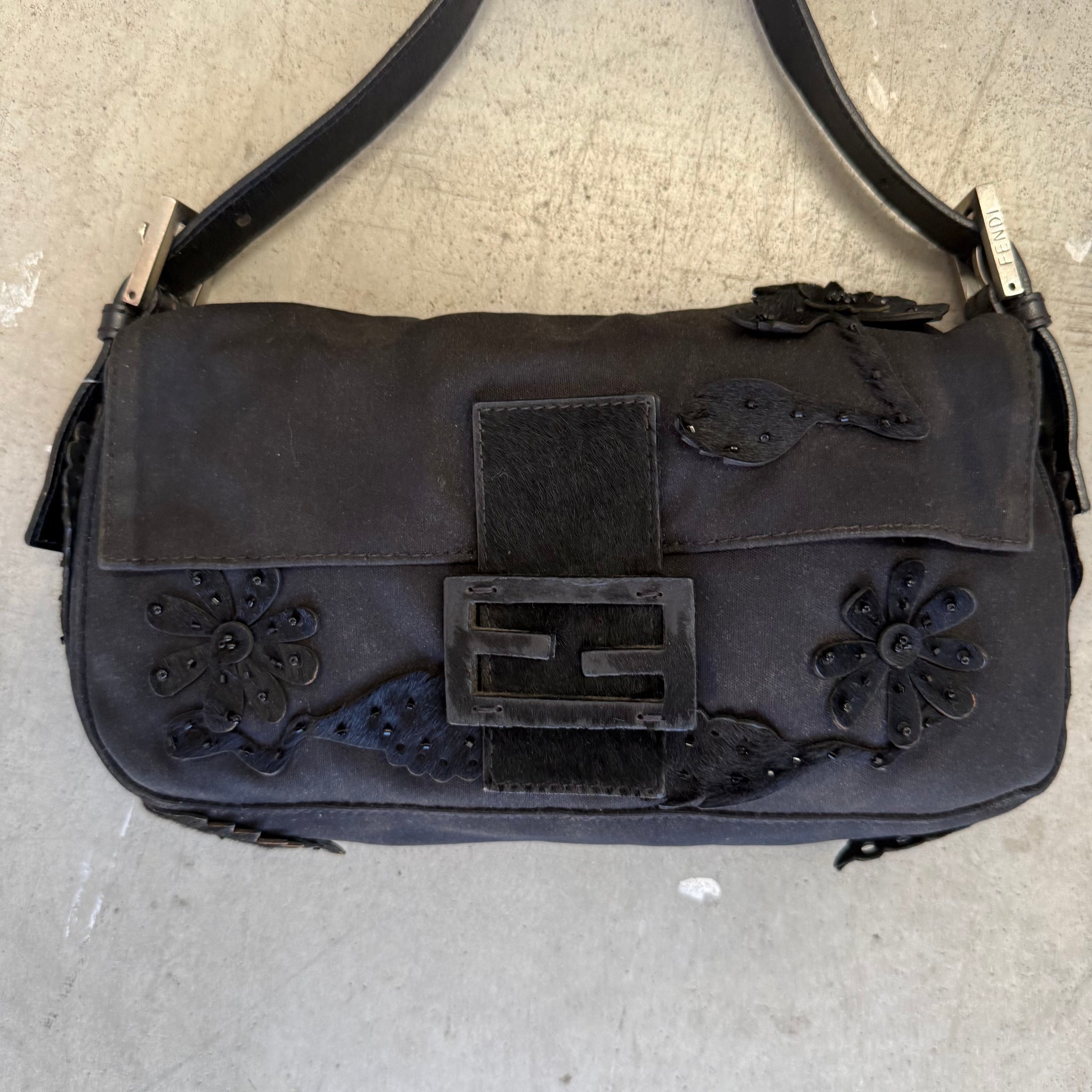 Fendi Floral Woolen Pony Baguette Black
