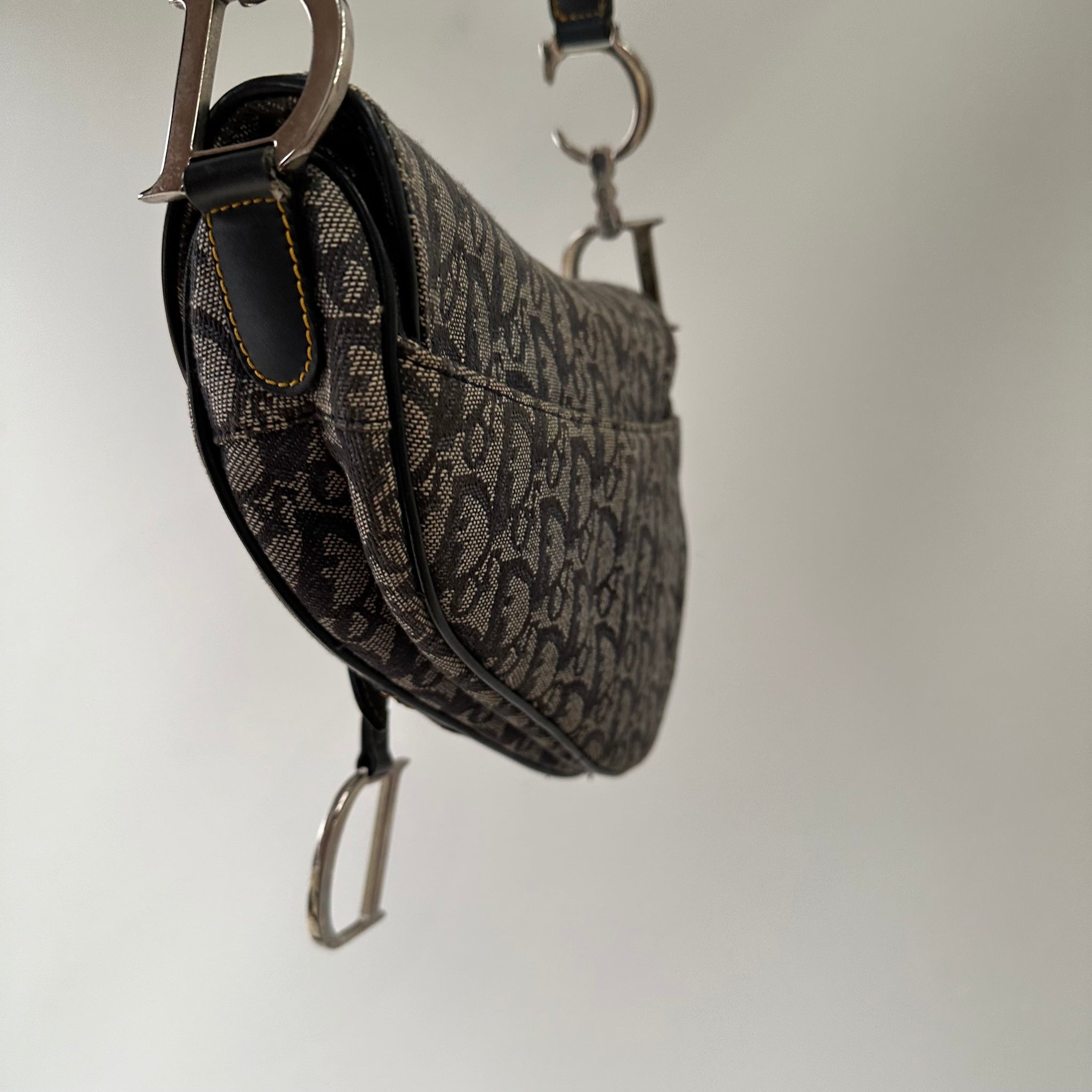 Dior Trotter Saddle Shoulder Bag Canvas Leather Navy Silver Hardware (2003)