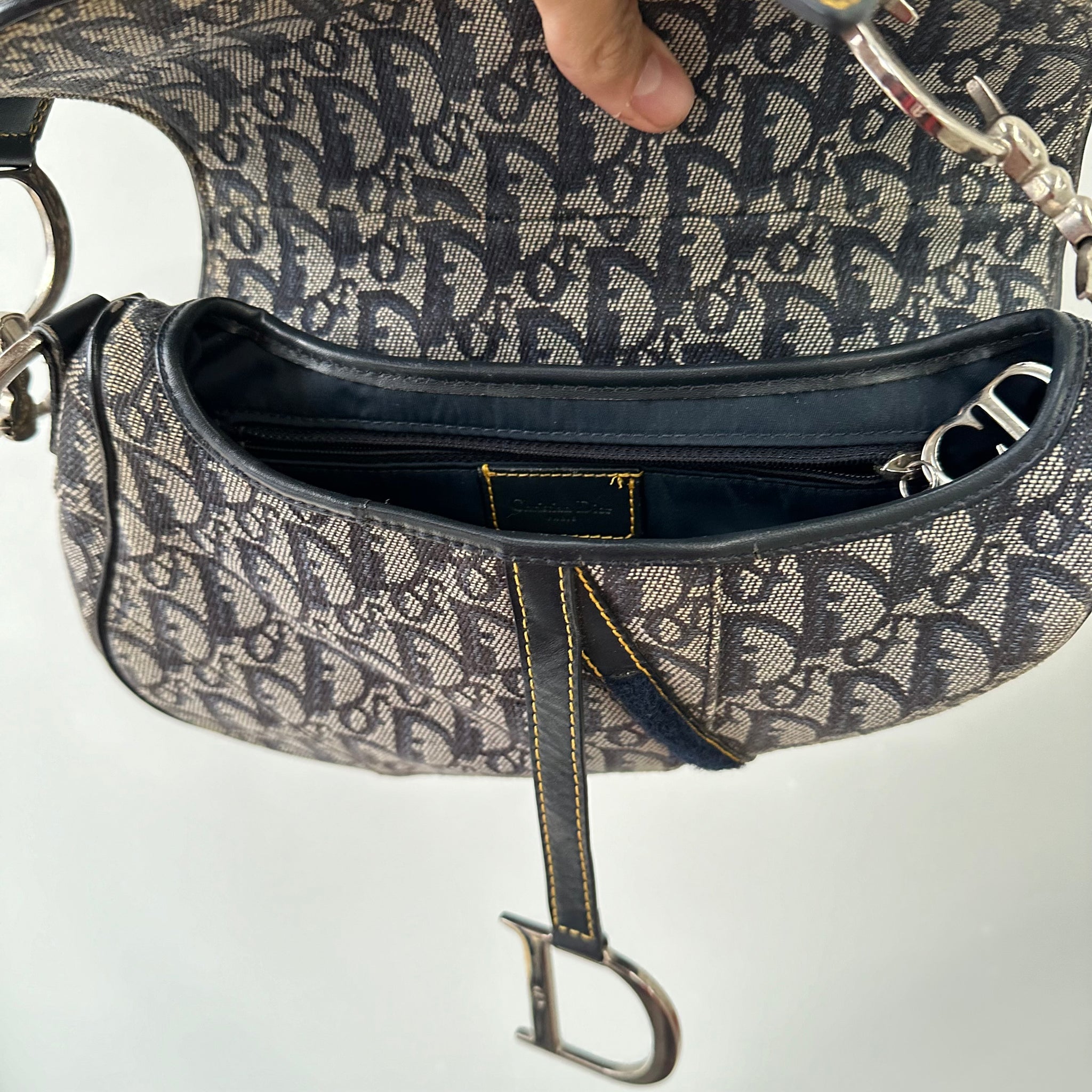 Dior Trotter Saddle Shoulder Bag Canvas Leather Navy Silver Hardware (2003)