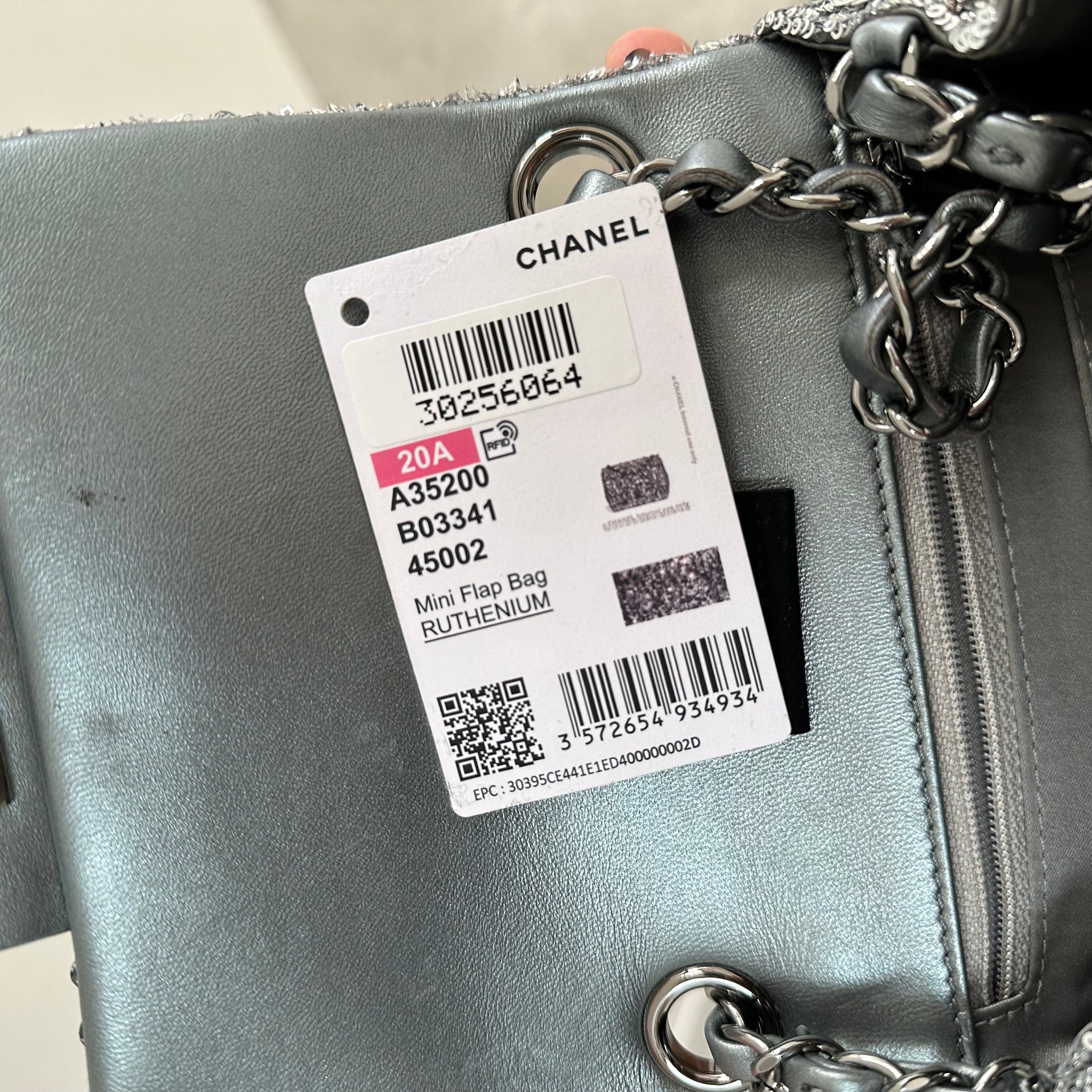 Chanel Silver Sequin Mini Square Classic Single Flap Ruthenium Hardware 2020