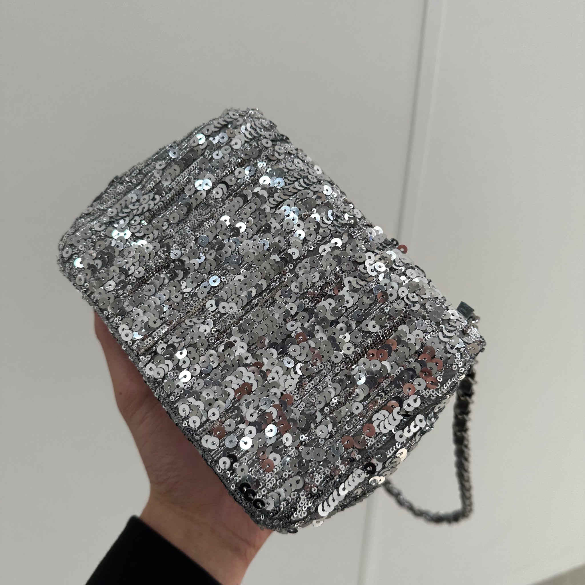 Chanel Silver Sequin Mini Square Classic Single Flap Ruthenium Hardware 2020