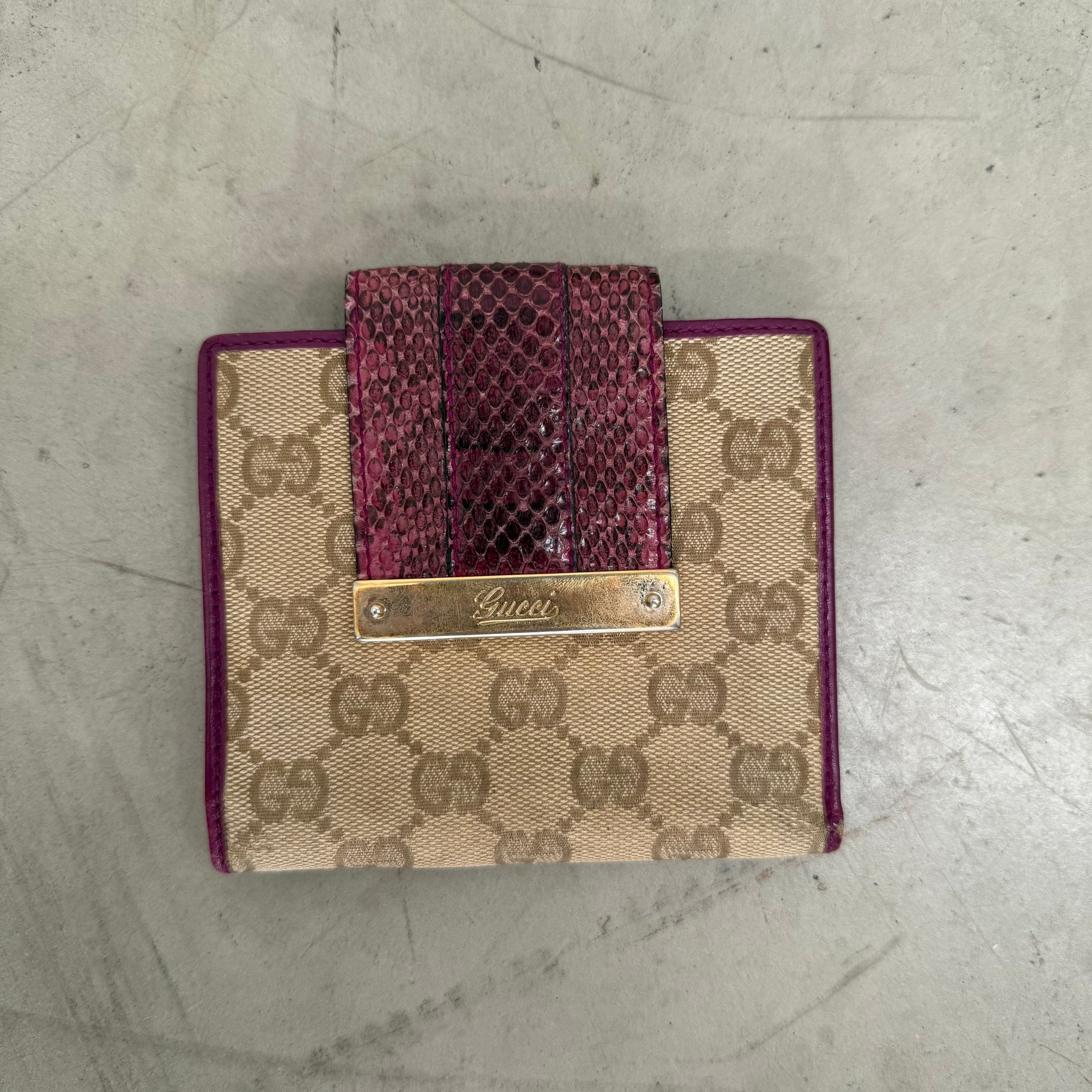 Gucci Snakeskin Canvas Leather Bifold Wallet Purple