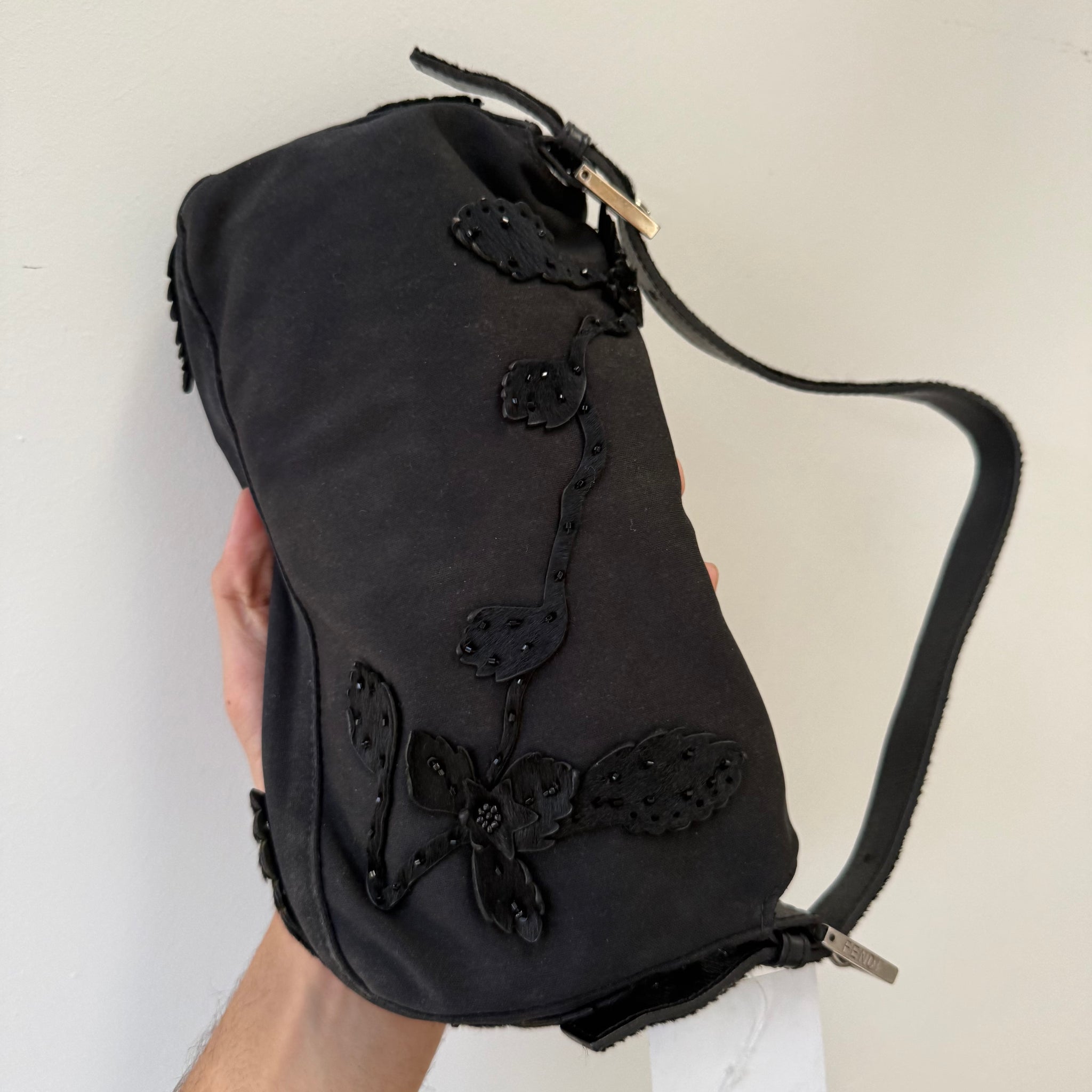 Fendi Floral Woolen Pony Baguette Black