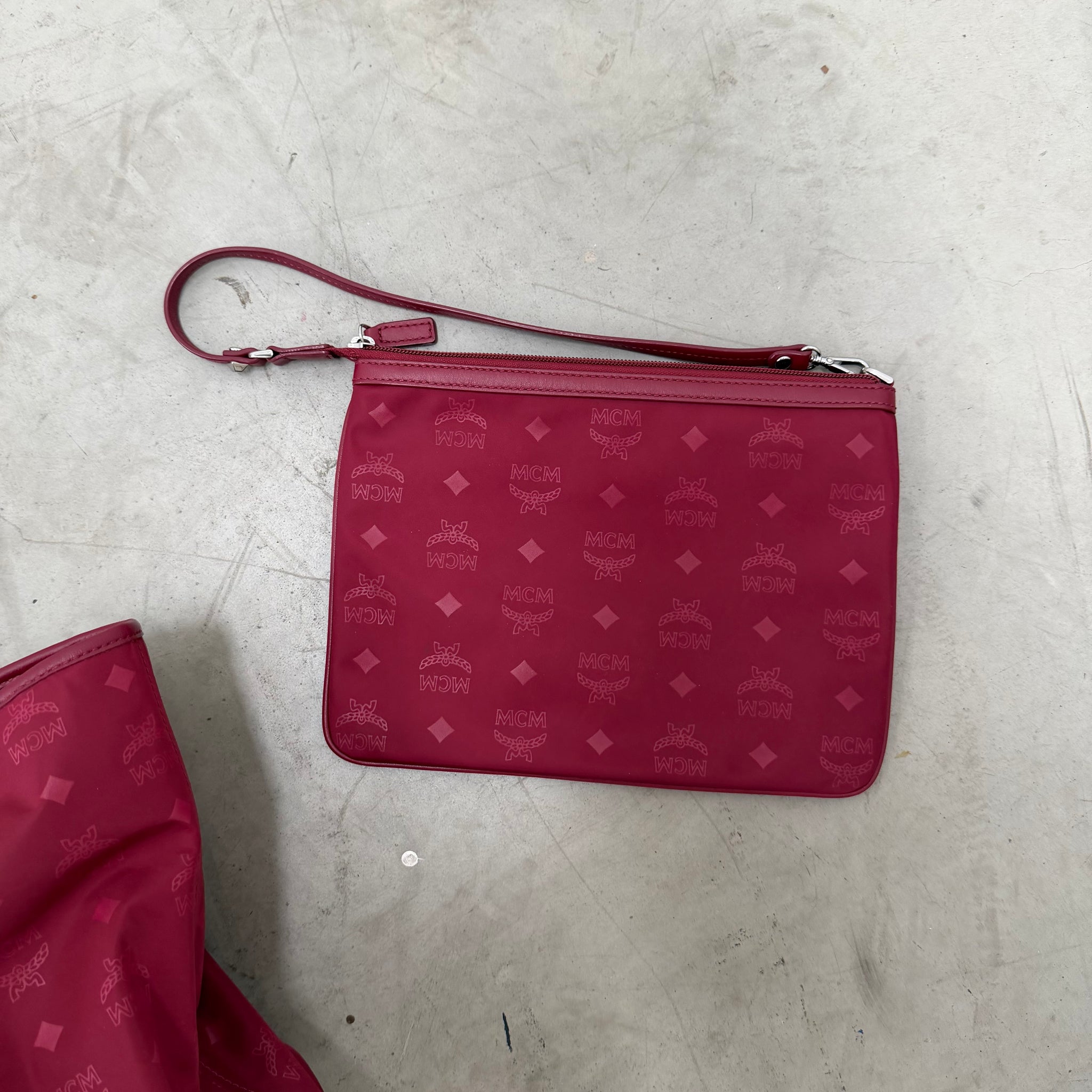 MCM Nylon Red Tote Bag with Shoulder Bag (2 Piece)