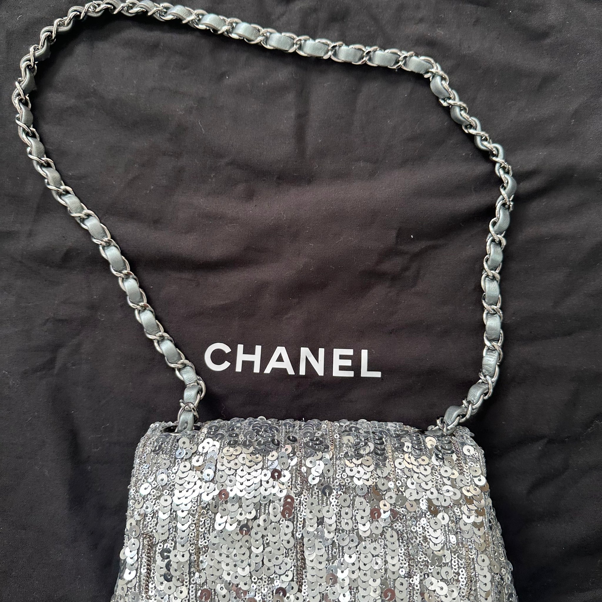 Chanel Silver Sequin Mini Square Classic Single Flap Ruthenium Hardware 2020