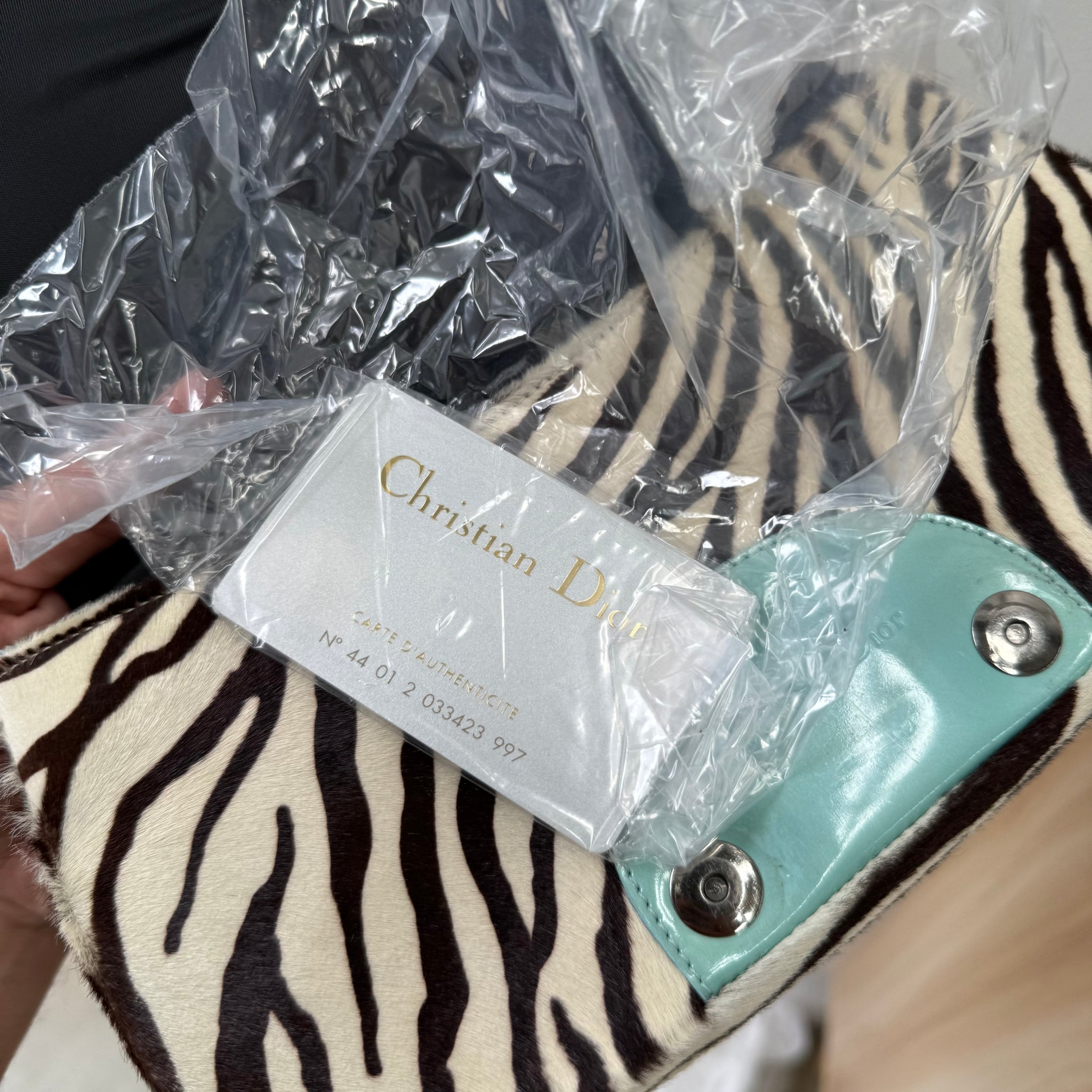 Dior Mint Green Zebra Print Pony Hair and Patent Leather Malice Shoulder Bag