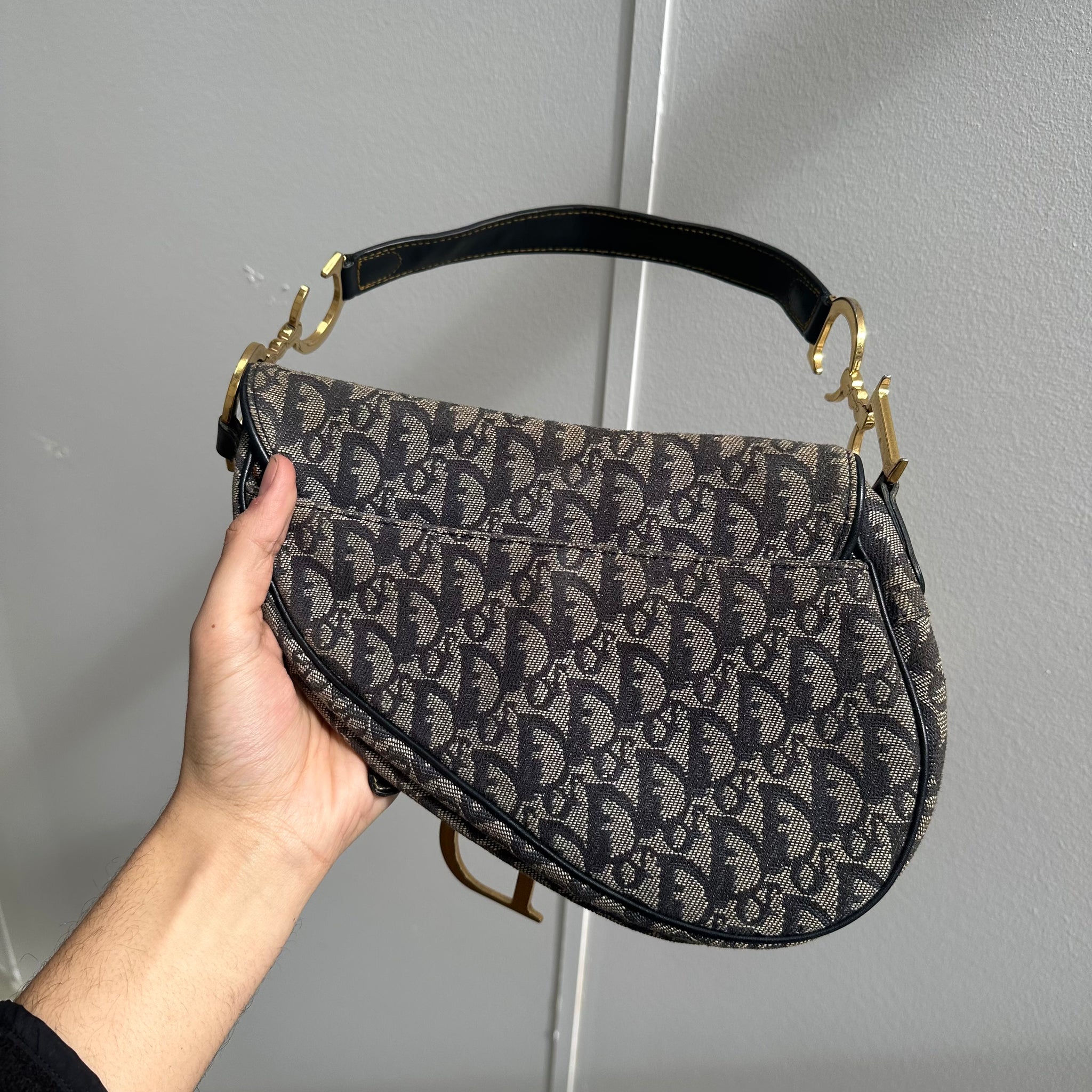 Dior Trotter Saddle Shoulder Bag Canvas Leather Navy Gold Hardware (2003)