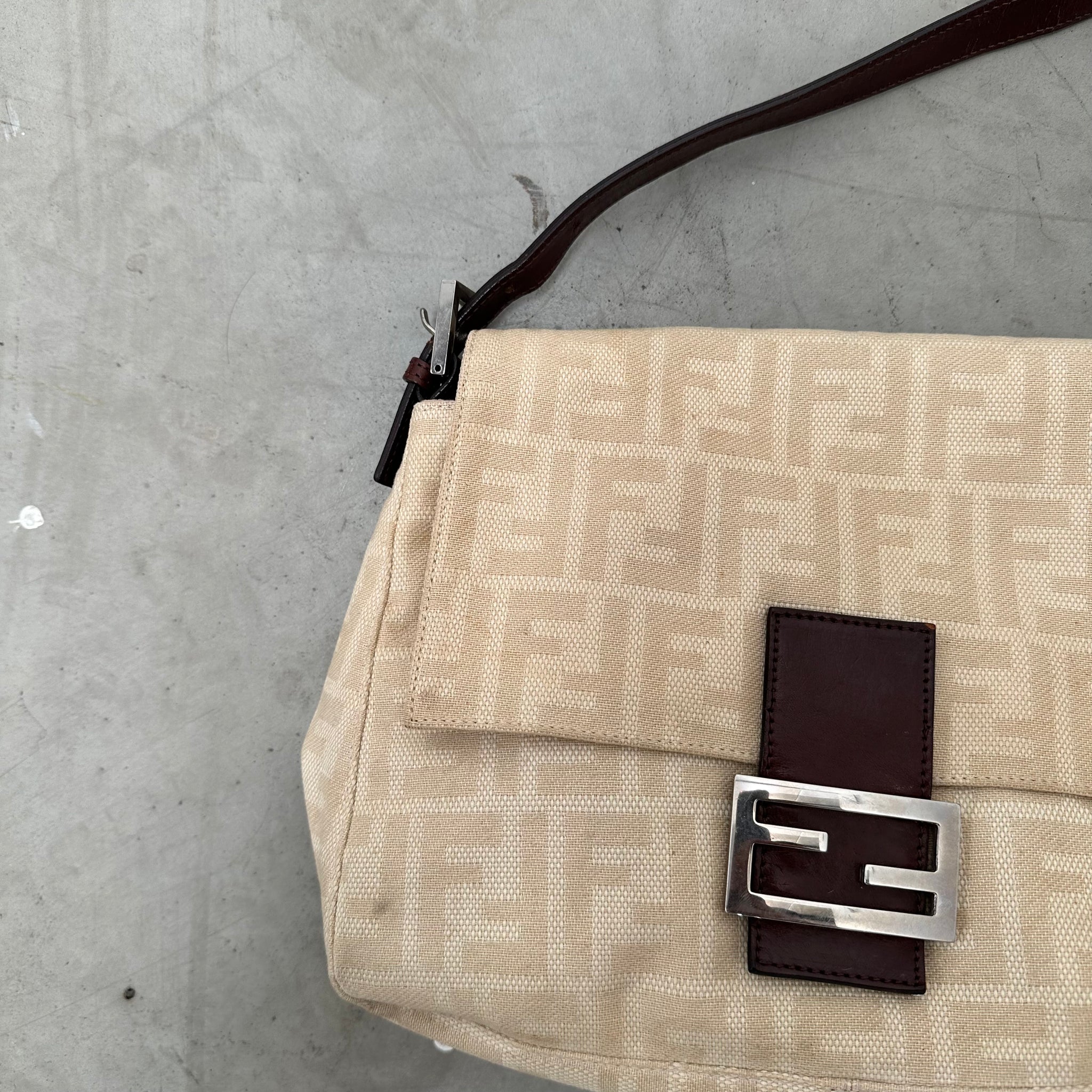 Fendi Zucca Canvas Mamma Baguette Beige Shoulder Bag