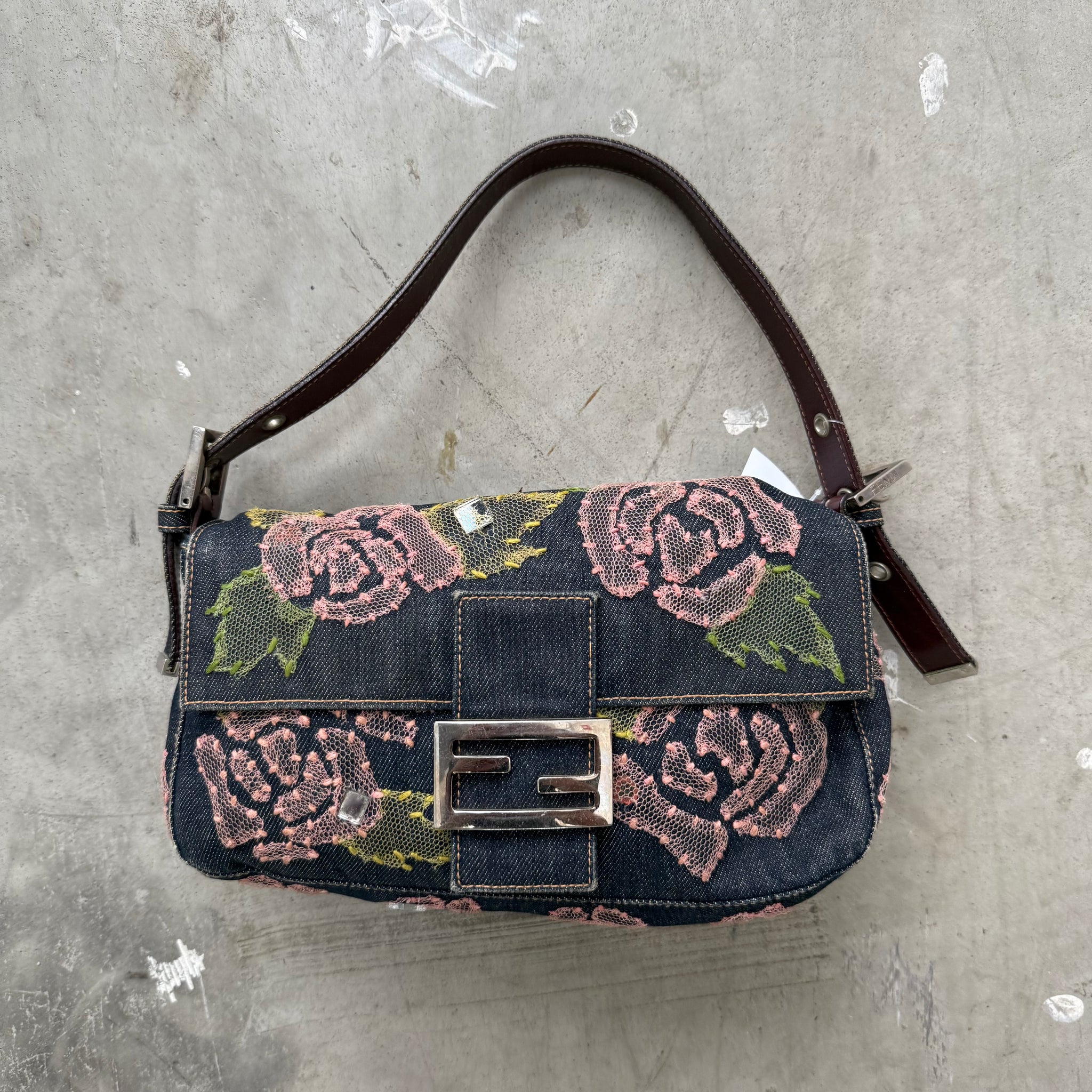 Fendi Baguette Denim with Flower Detail Silver Hardware