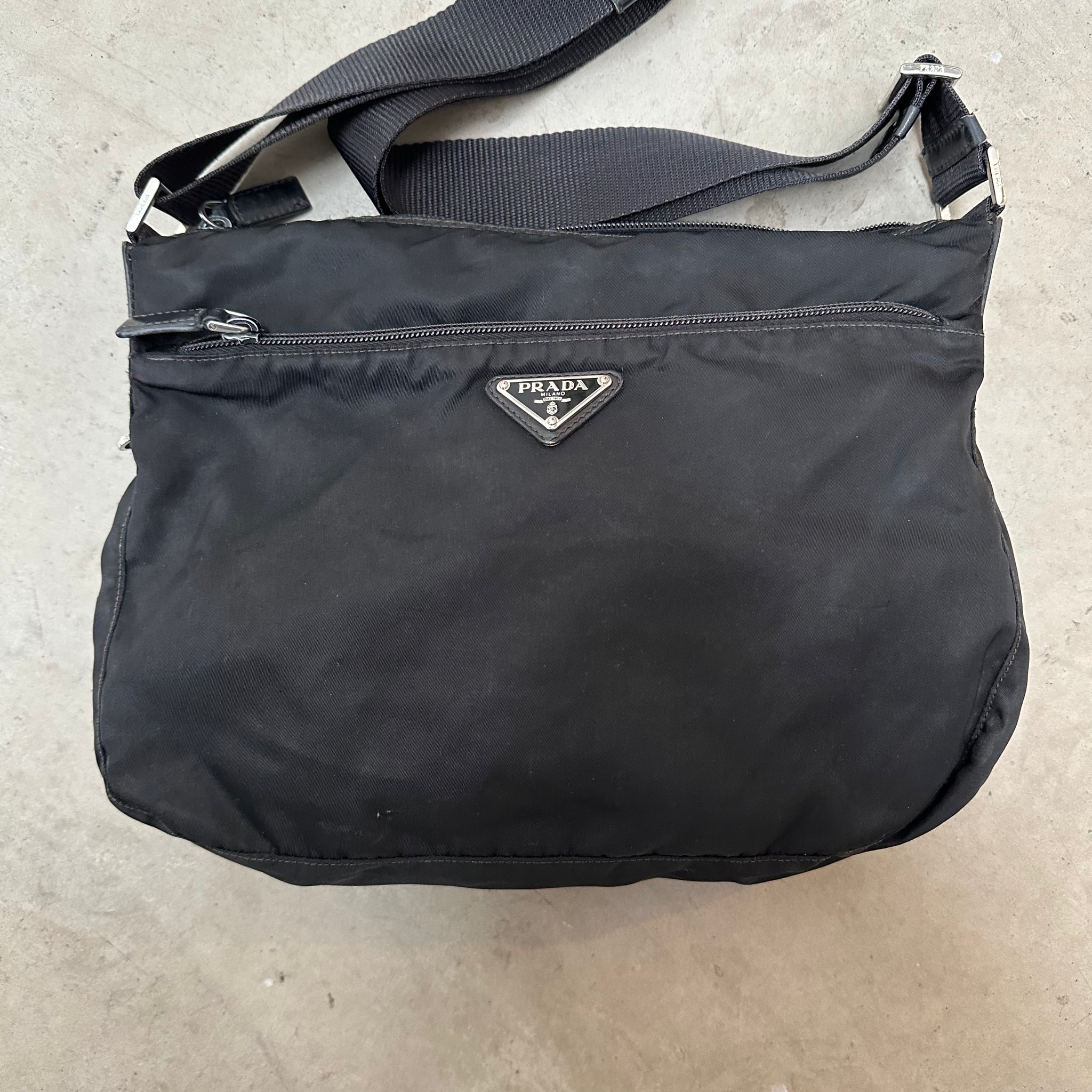 Prada Large Double Zip Black Nylon Crossbody Bag