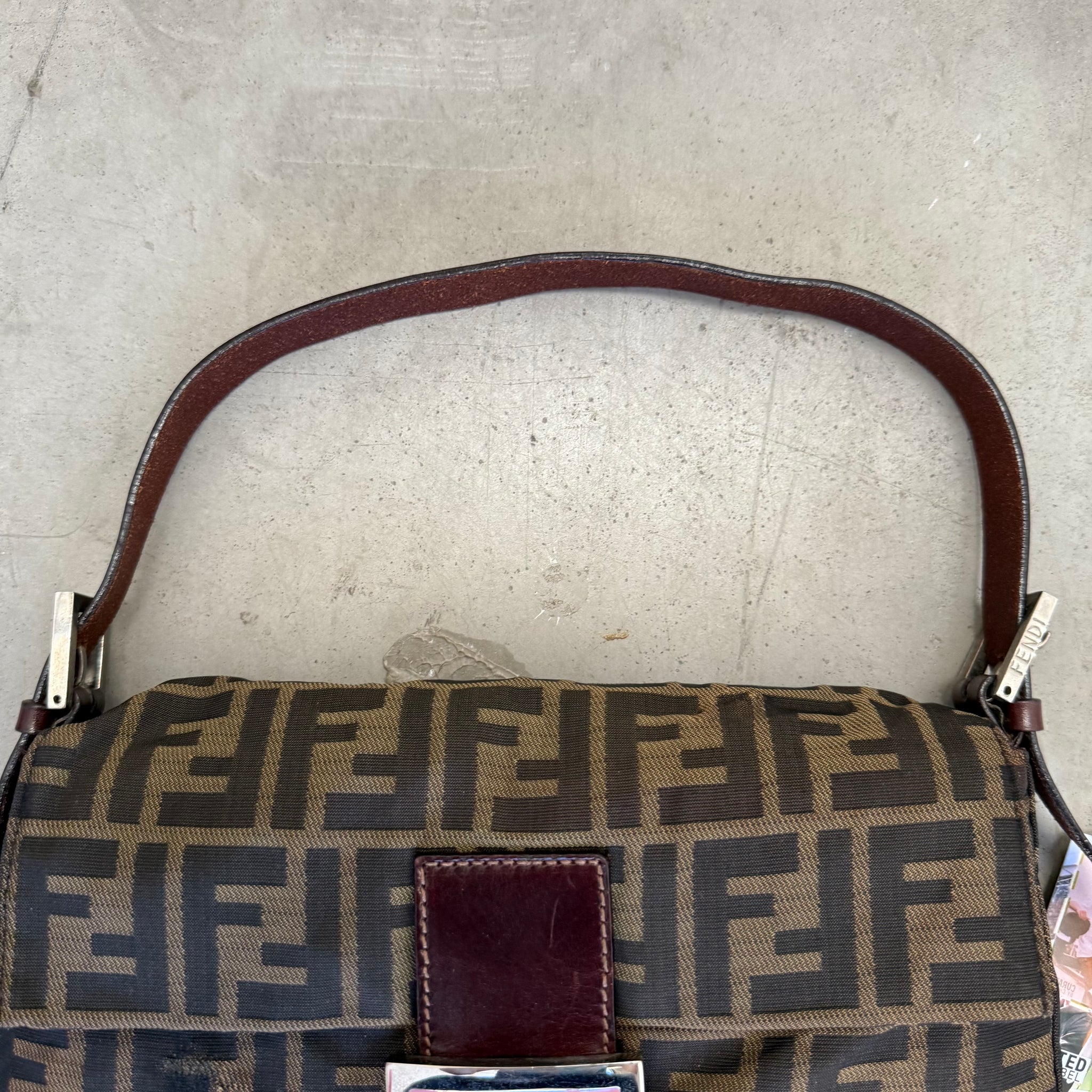Fendi Zucca Print Baguette Bag with Pink Buckle