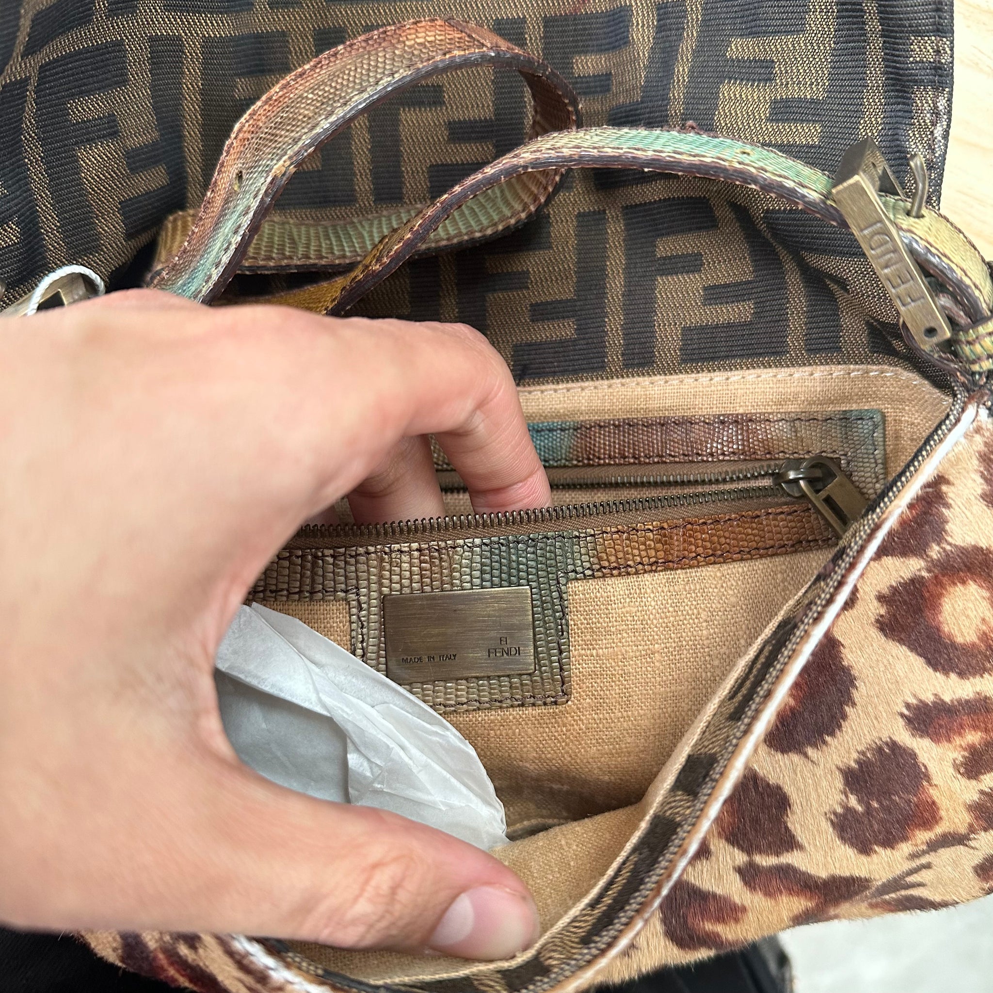 Fendi Leopard Zucca Baguette with Exotic Lizard Detailing