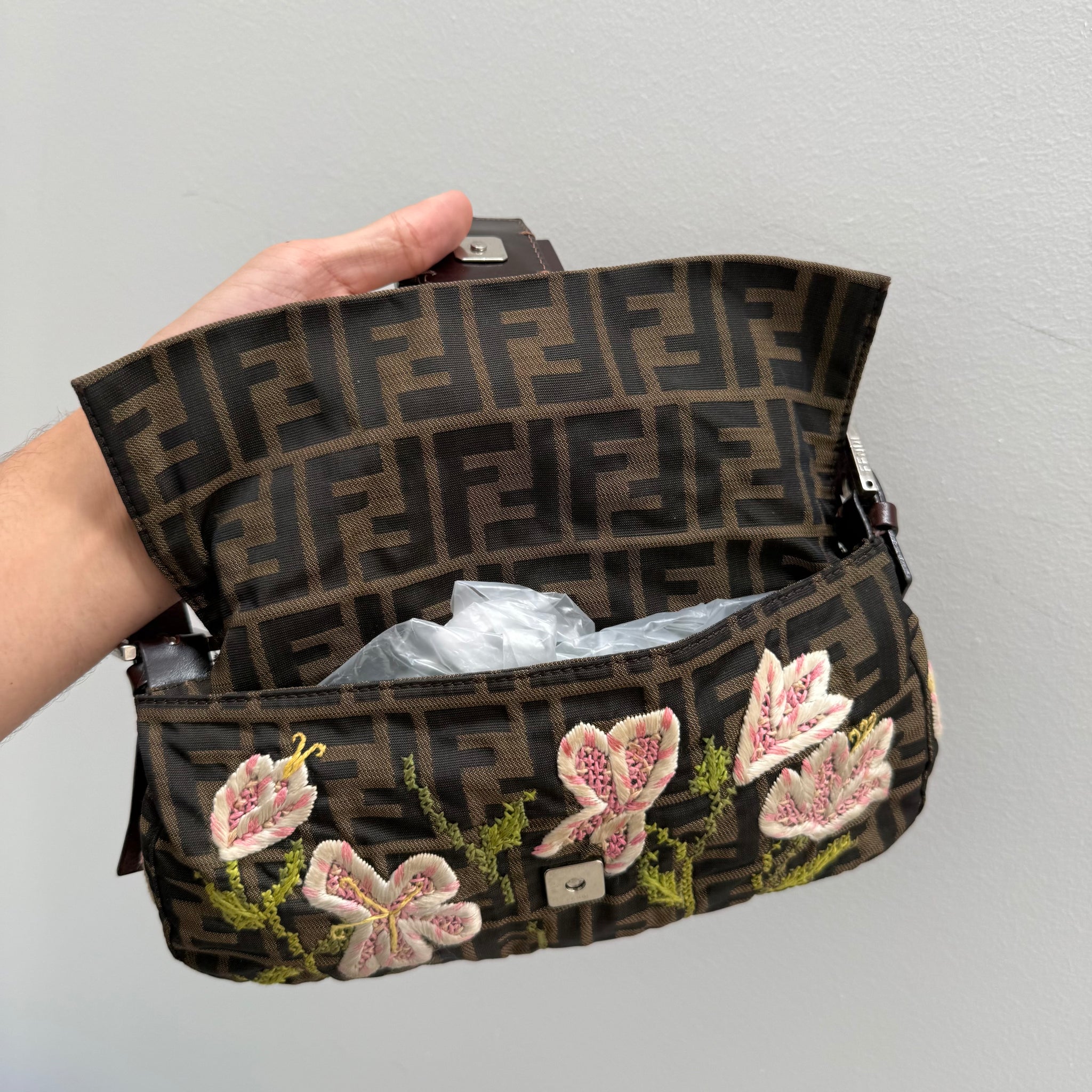 Fendi Baguette Brown Flower Detail Bag
