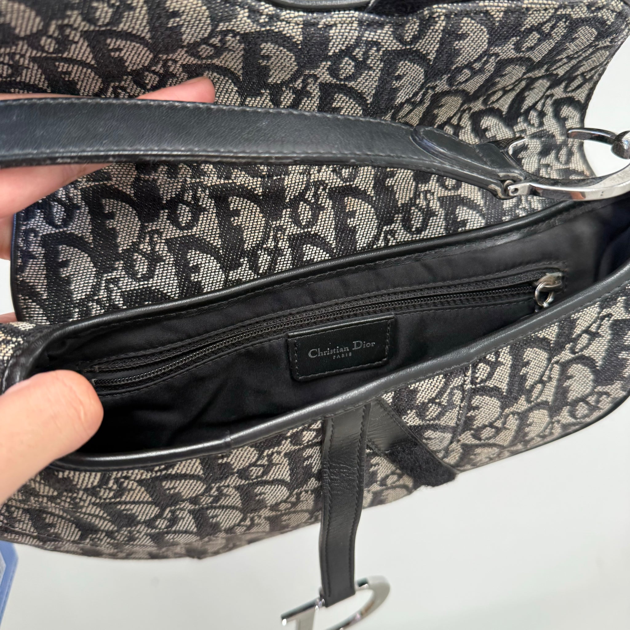 Dior Trotter Saddle Shoulder Bag Canvas Leather Navy Silver Hardware (2005)