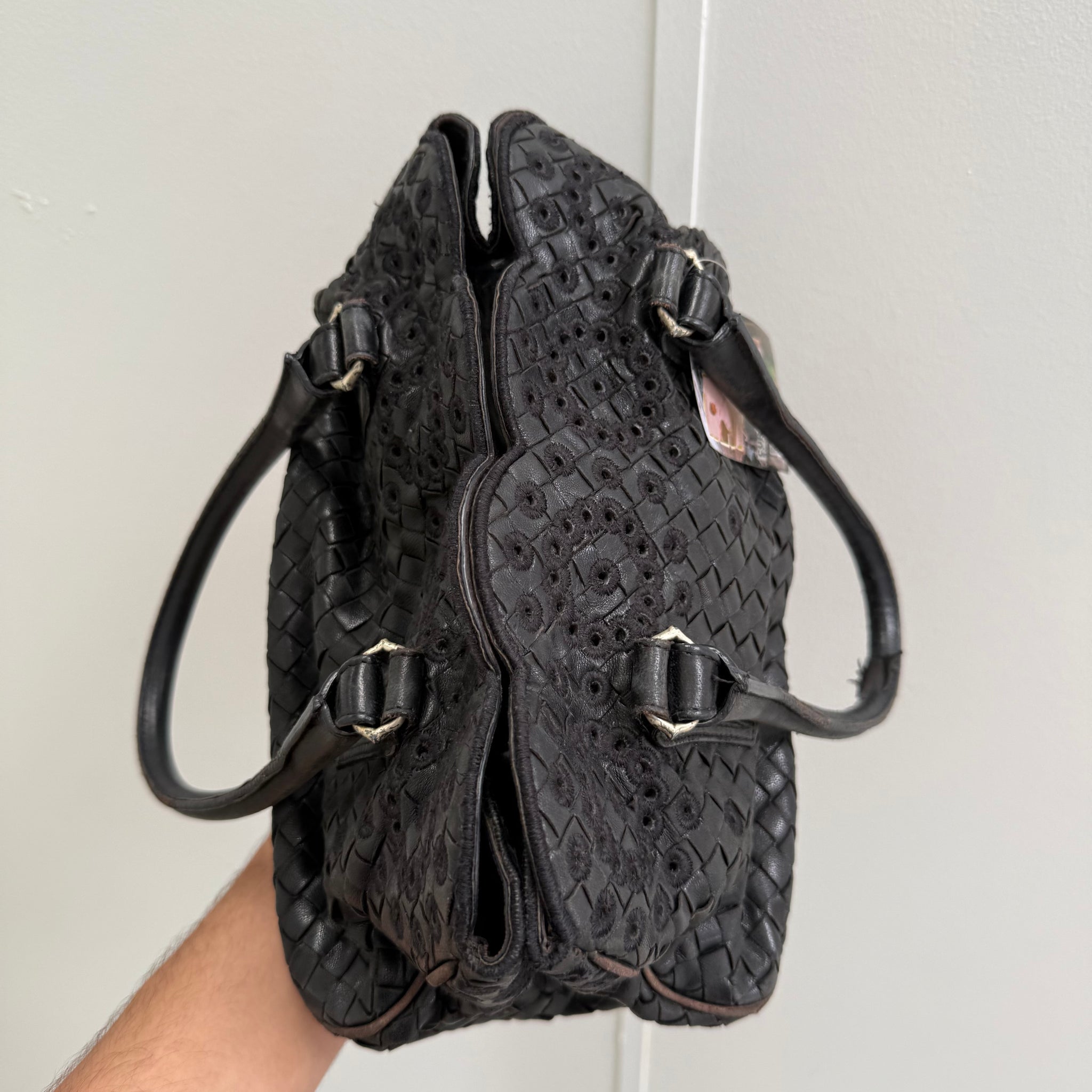 Bottega Veneta Black Flower Pattern Leather Shoulder Bag