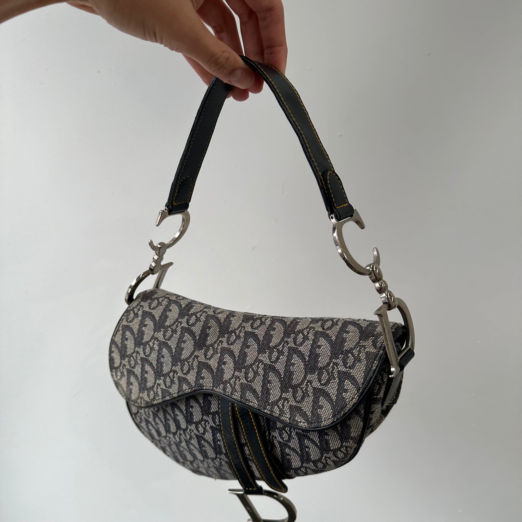 Dior Trotter Saddle Shoulder Bag Canvas Leather Navy Silver Hardware (2003)