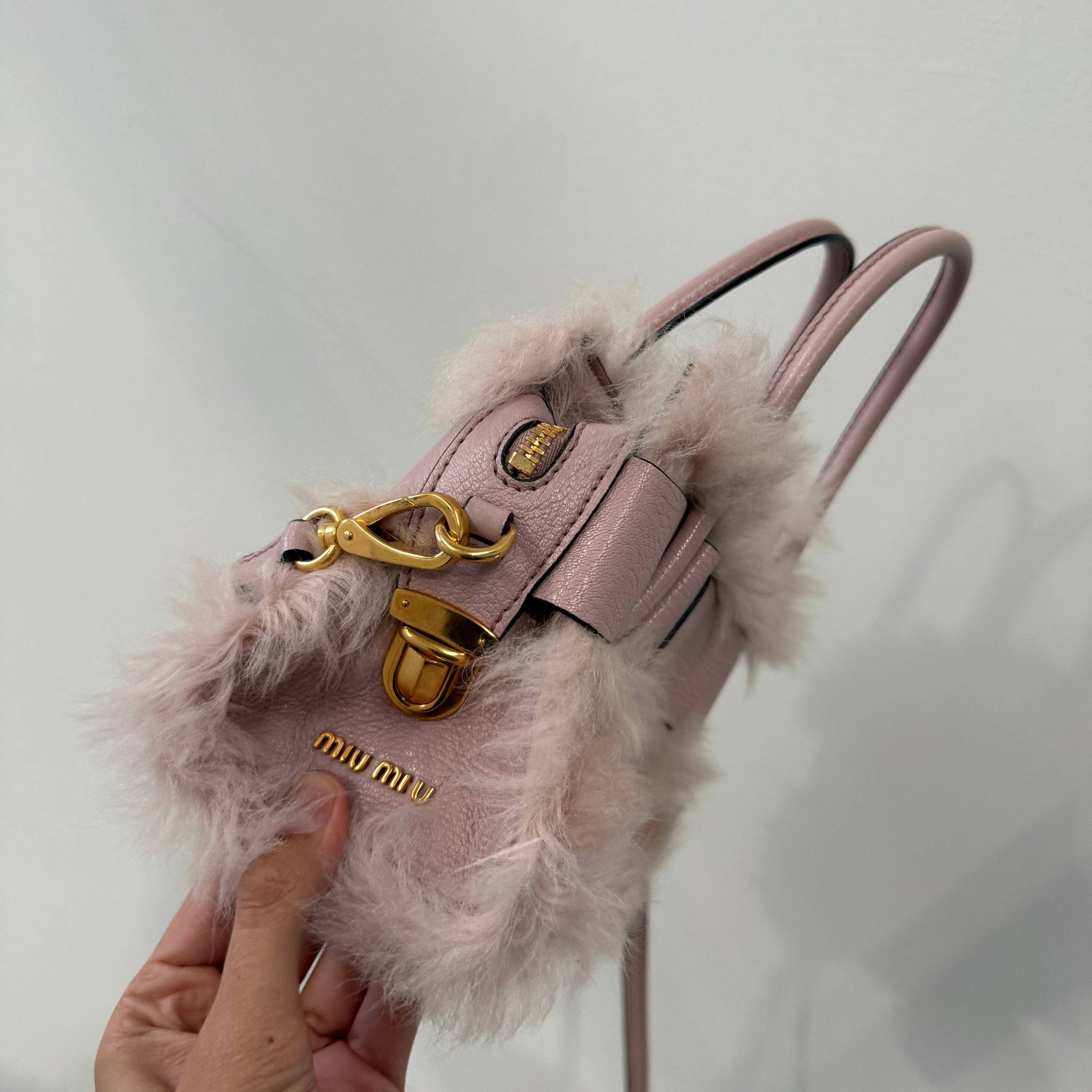 Miu Miu 2 Way Pink Fur Hand Bag with Long Strap