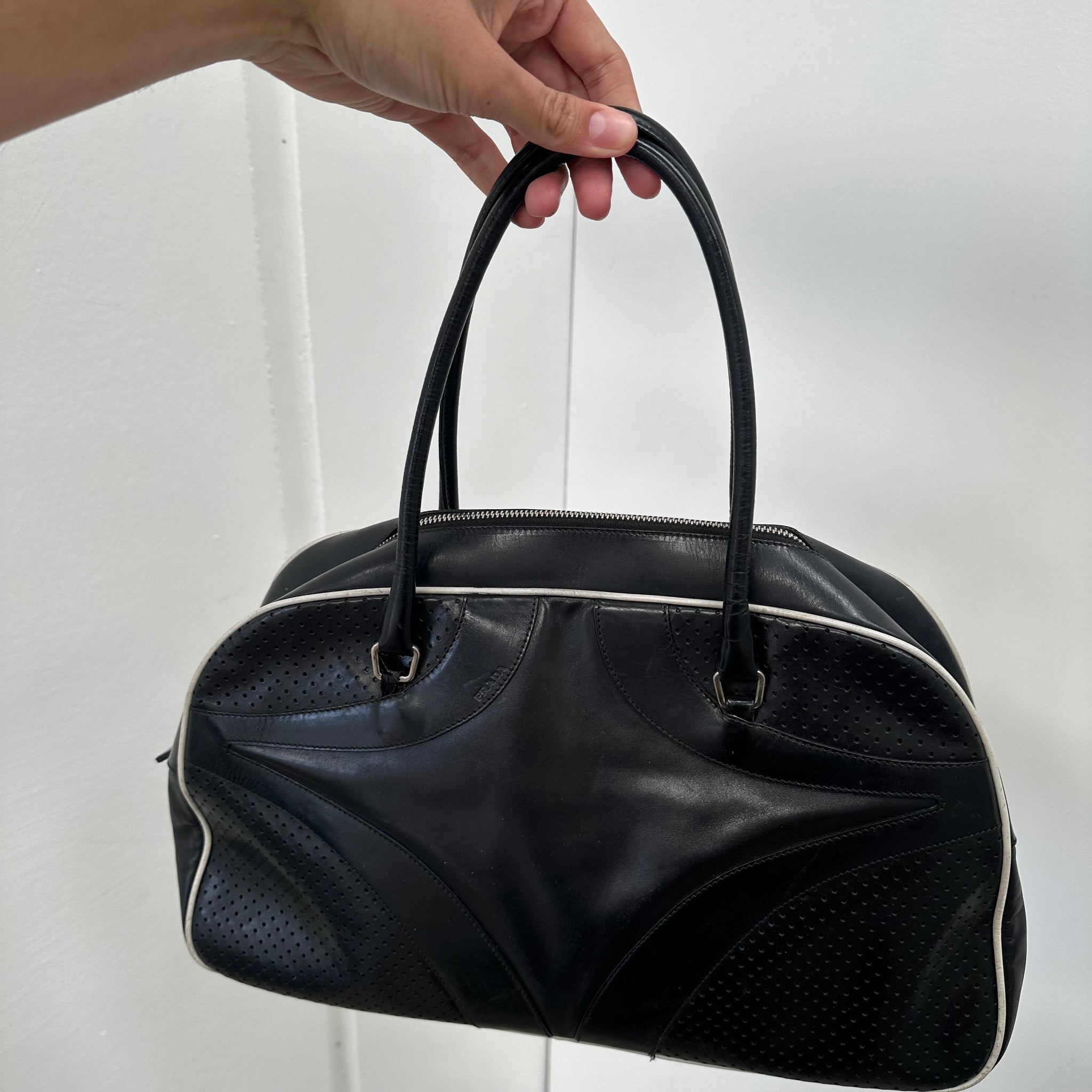 Prada Black Perforated Leather Drive Bowler Bag