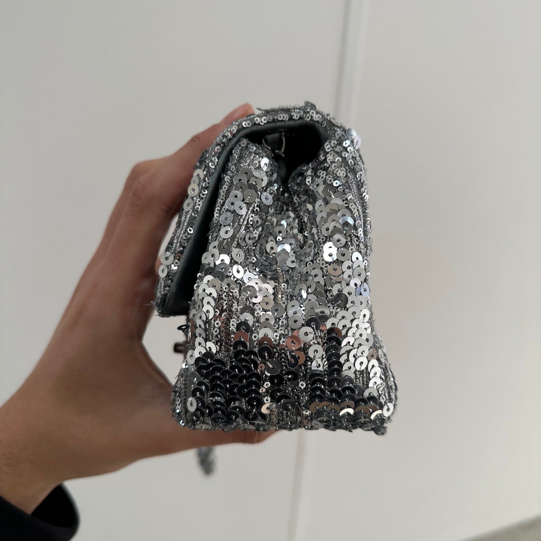 Chanel Silver Sequin Mini Square Classic Single Flap Ruthenium Hardware 2020