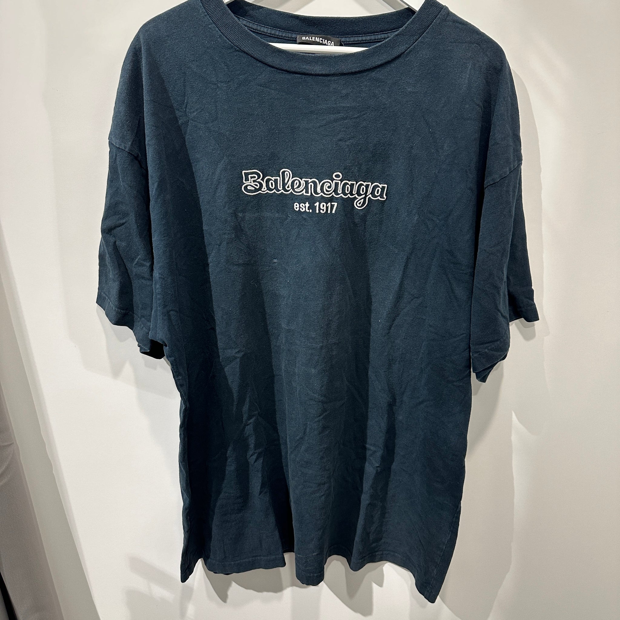 Balenciaga Cursive Logo T Shirt Navy (Size XL)