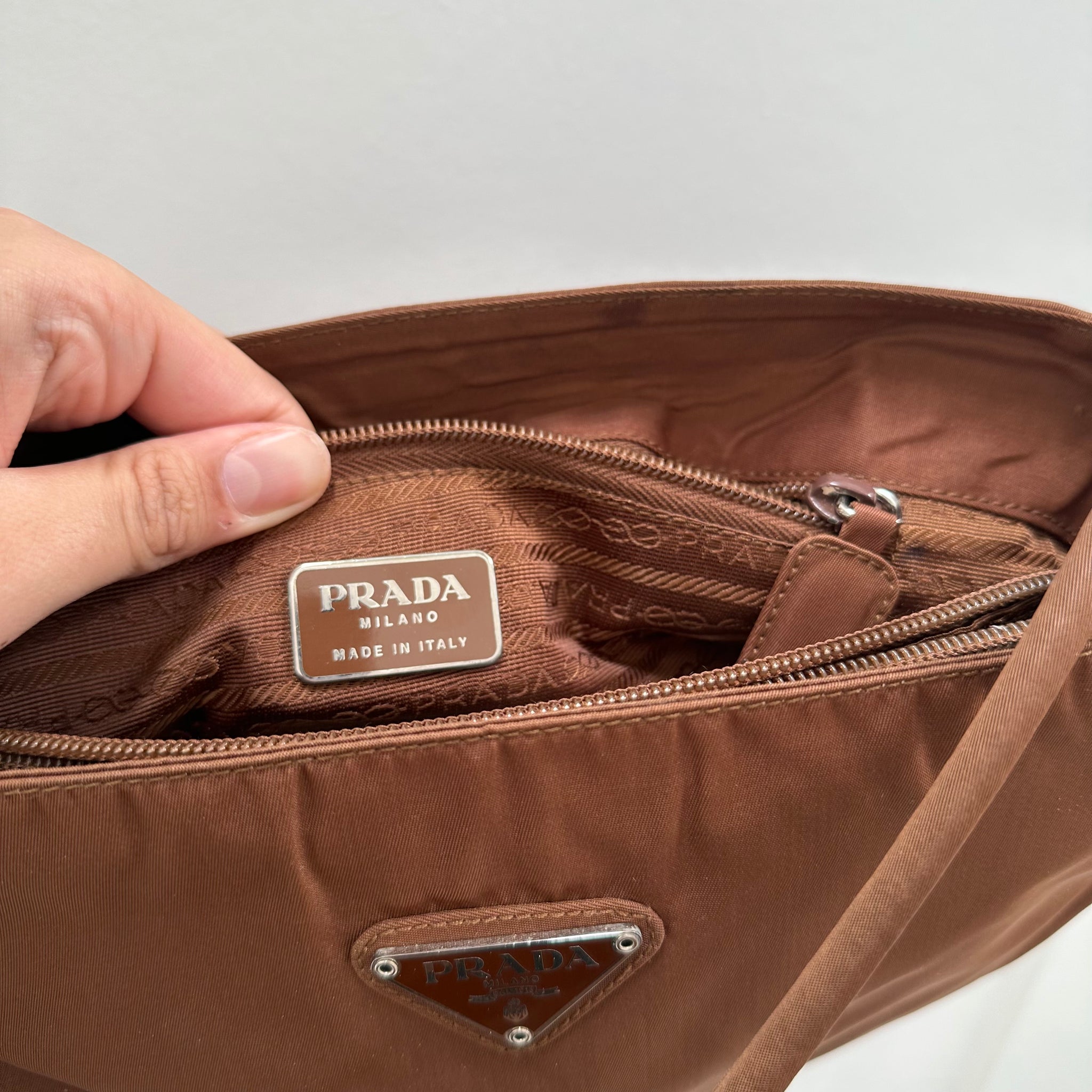 Prada Double Strap Brown Shoulder Bag Nylon