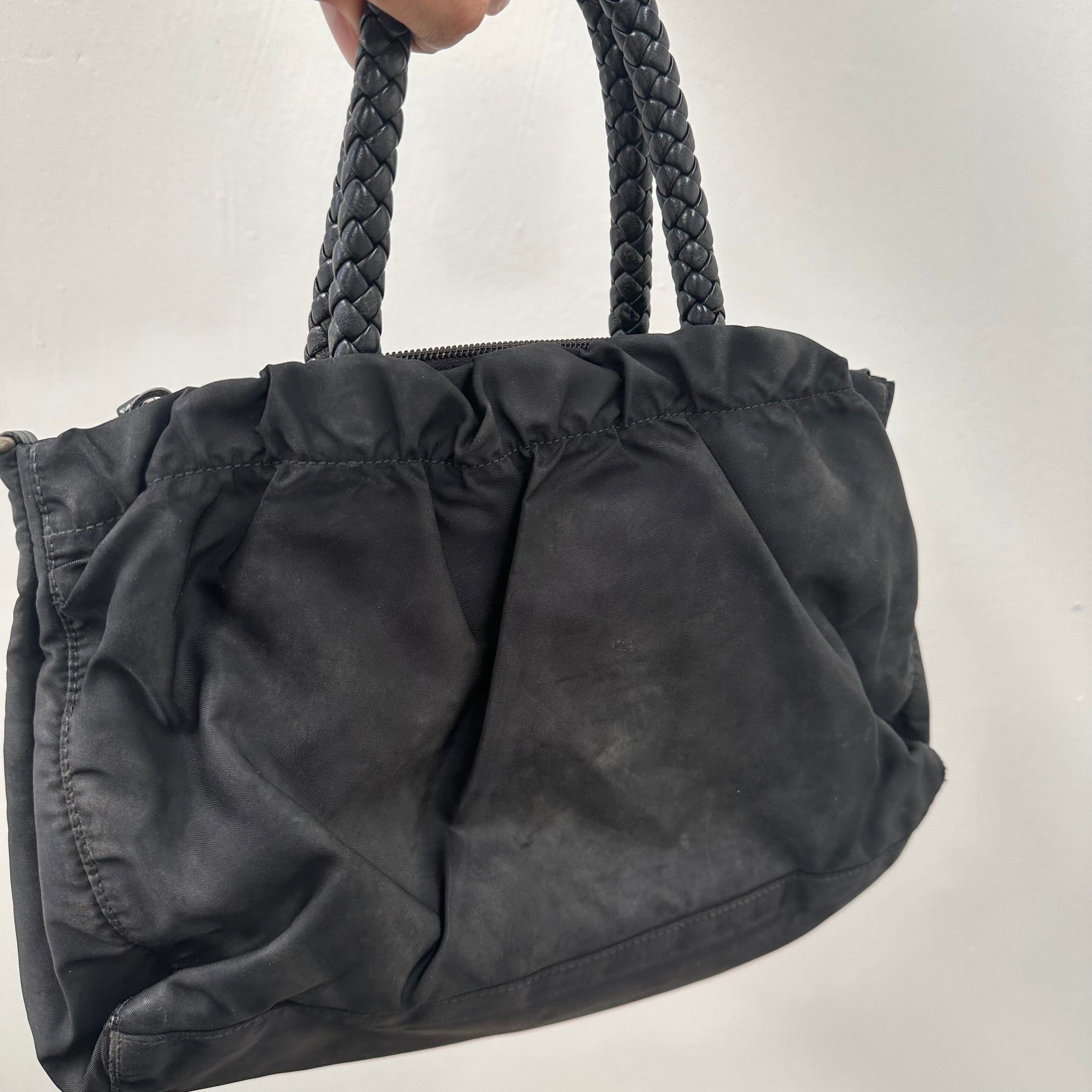 Prada Ribbon Front Logo Hand Bag Nylon Black